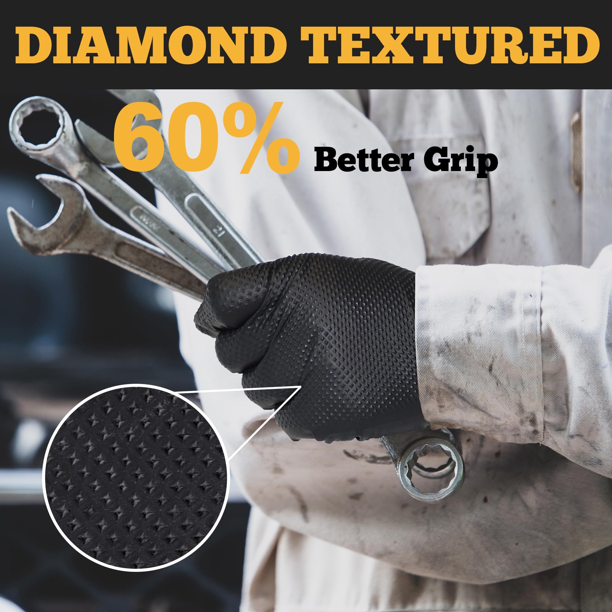 TitanFlex - Guantes de nitrilo negro resistentes, talla XL, guantes de trabajo industriales elevados con textura de diamante de 6 mil, desechables, sin látex, sin polvo, guantes desechables mecánicos