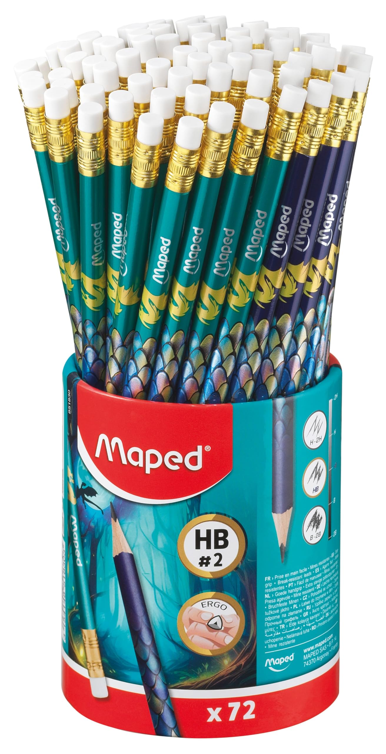 Maped - Graphite HB Dragon - Pencils with Eraser Tip - Ergonomic Triangular Shape - Pot of 72