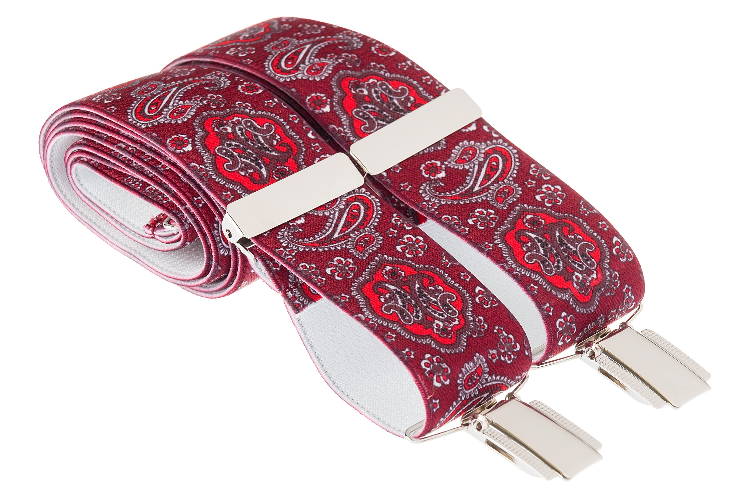 Gs Braces Men's Deep Red And Burgundy Xl Paisley Trouser Braces X Back 35Mm 4 Silver Clips 48 Inches