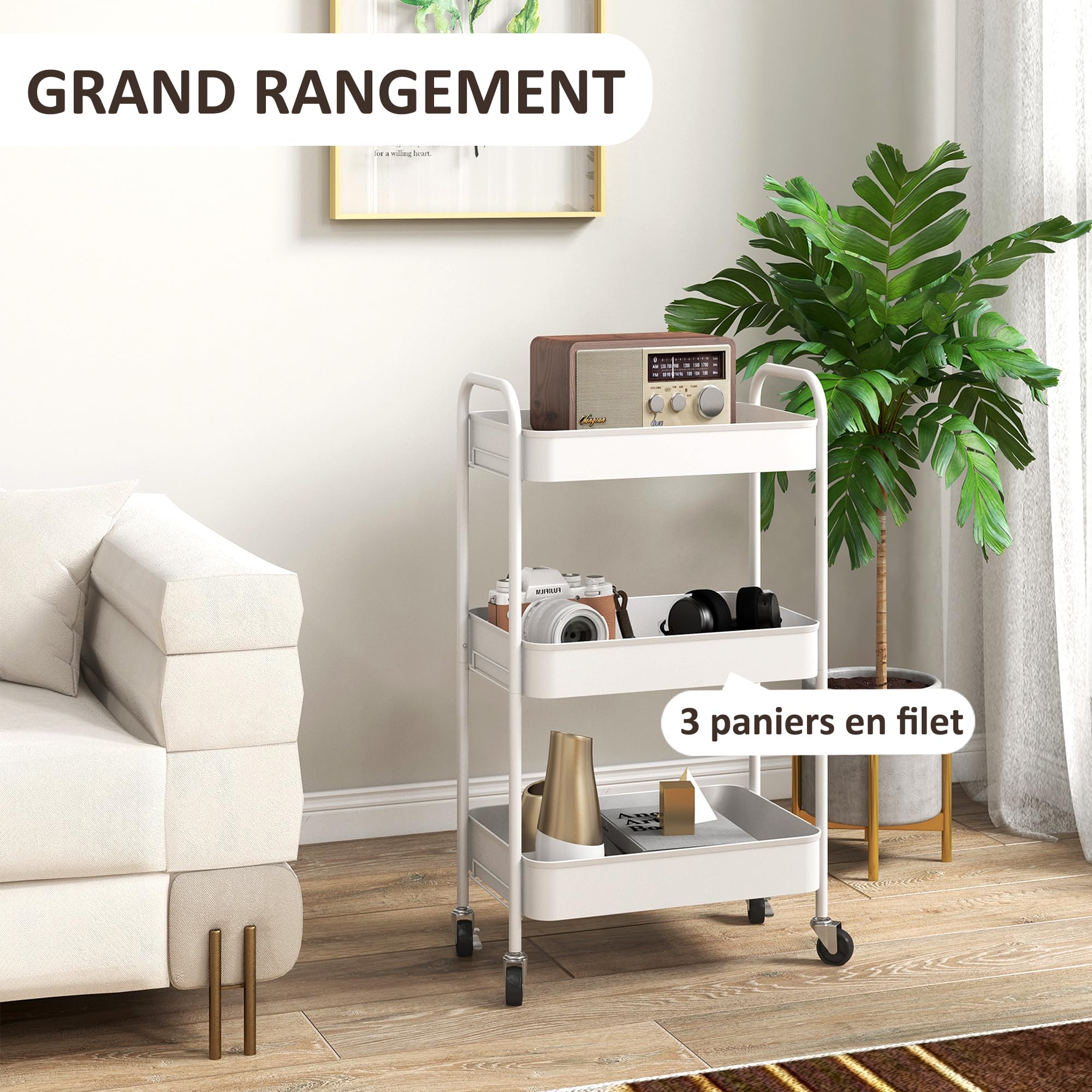 HOMCOM Chariot de Rangement en Acier 3 Niveaux Plateaux ajourés 45 x 30,6 x 79 cm Blanc