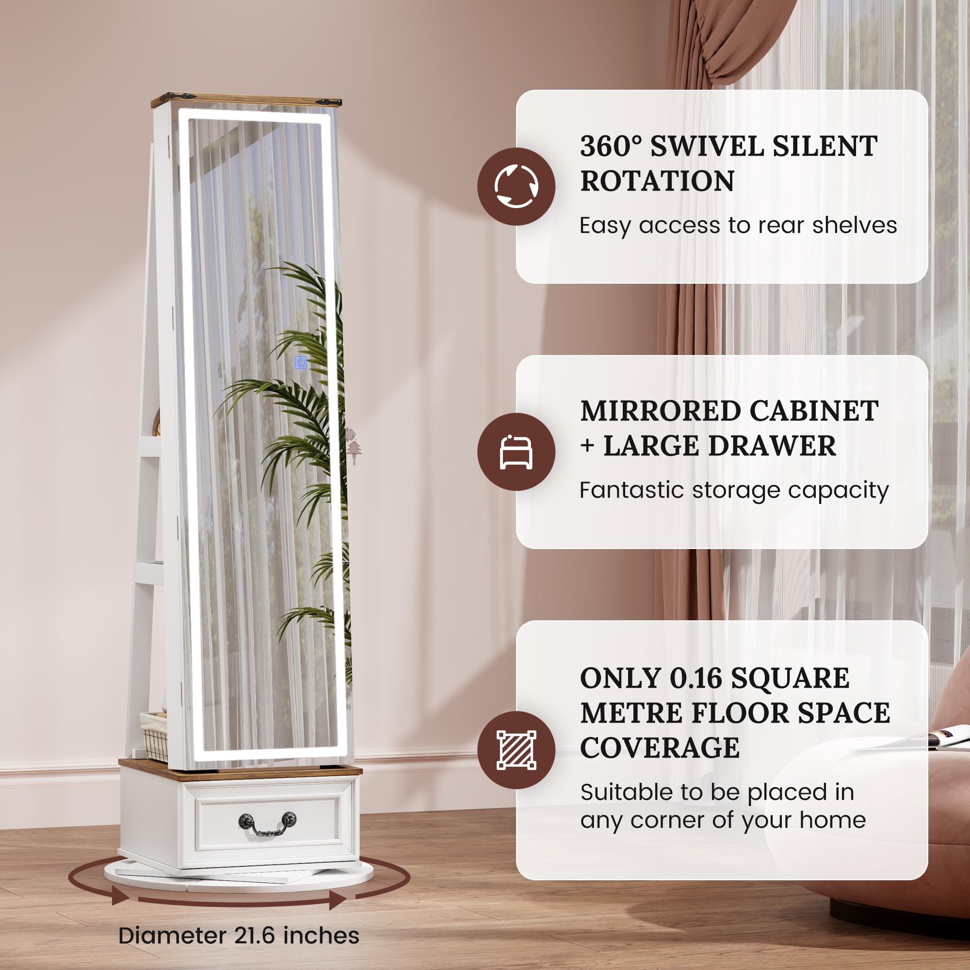 LVSOMT LED Mirror Jewelry Cabinet Standing, 360°Swivel Jewelry Armoire with Full Length Mirror, Mirror with Jewelry Storage and Large Wooden Drawer for Christmas Gifts (): Farmhouse White