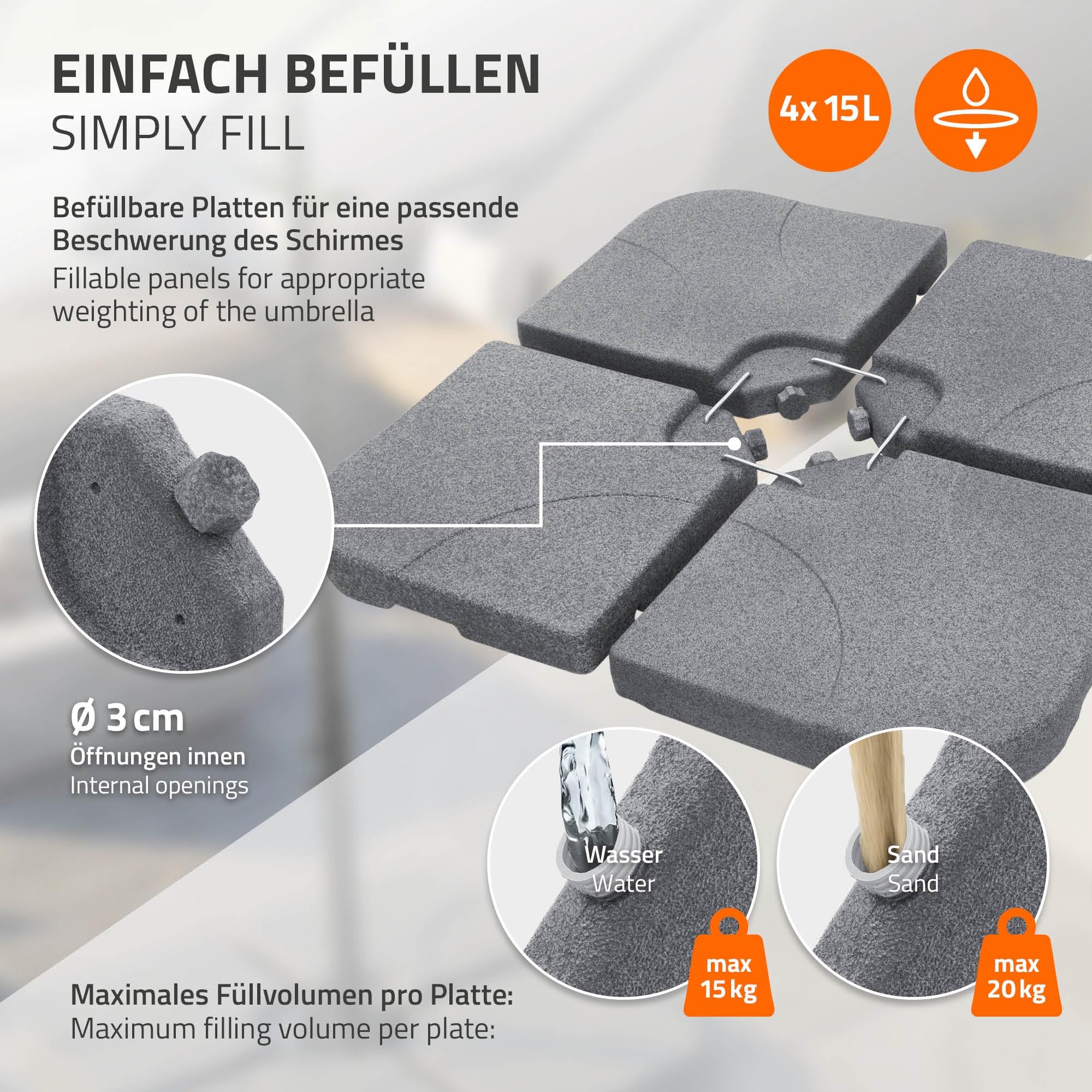 ML-Design 4-czesciowa podstawa parasola ogrodowego zestaw obciazników 60L / 80 kg do podstawy krzyzowej wypelnienie woda lub piaskiem wyglad kamienia odporna na warunki atmosferyczne metalowe laczniki