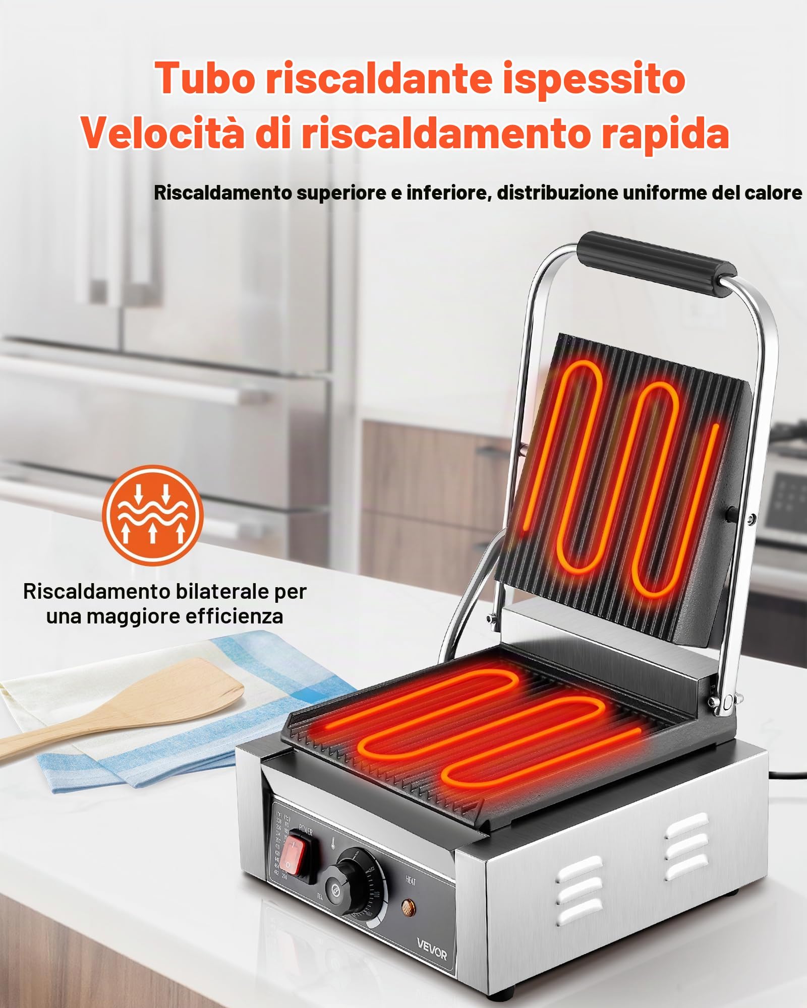 VEVOR Piastra Elettrica per Panini Professionale, 1800 W, in Acciaio Inox con Maniglia e Controllo della Temperatura, Piastra Smaltata Scanalata Piatta da 22 x 23 cm, per Bistecche, Pancetta