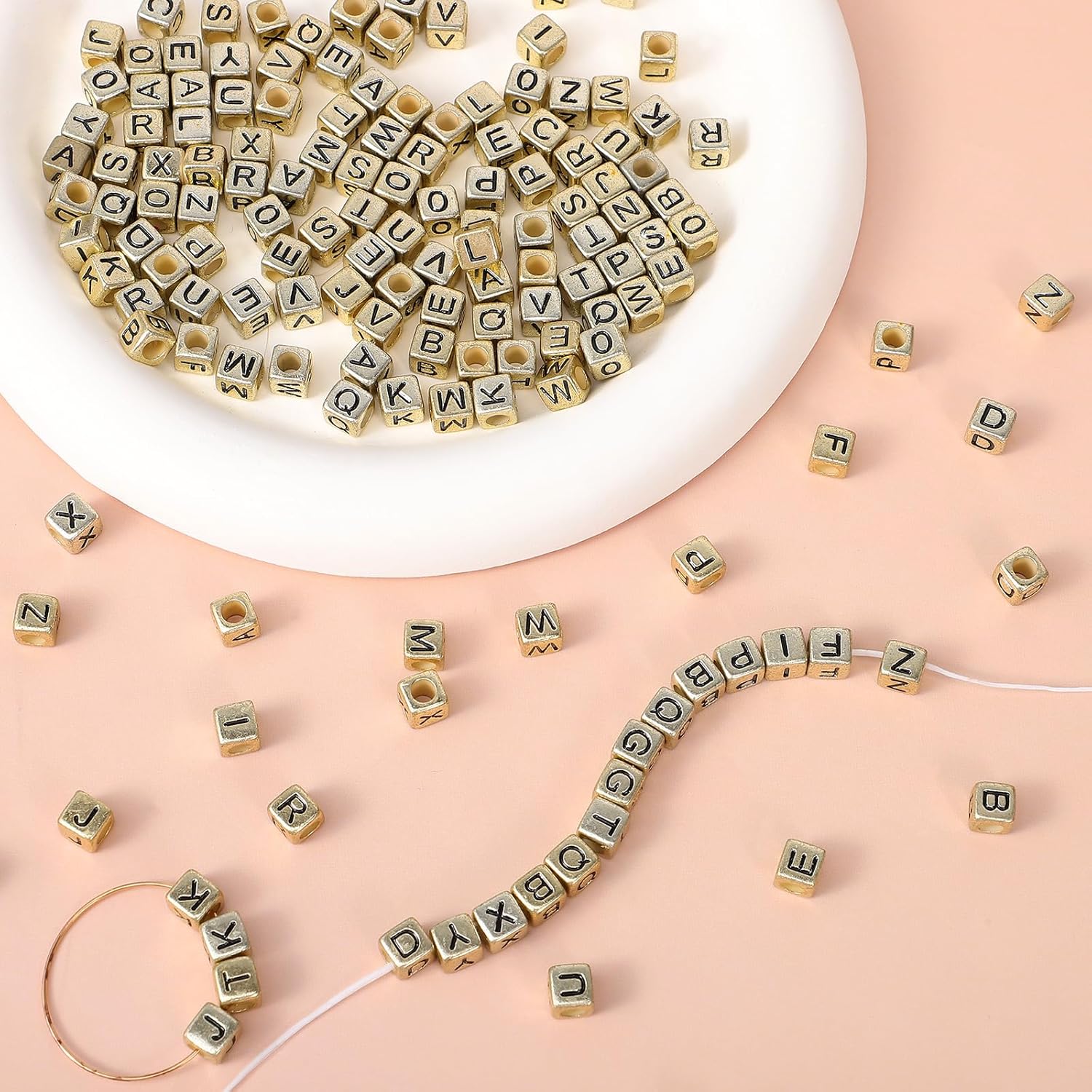 200 Pcs Black Alphabet Gold Cube Bead, 0.24" Retro Square Letter Beads, Vintage Gold Cube Alphabet A-Z Large Hole Beads for Jewelry Making Necklaces Bracelets DIY Crafts - Image 3