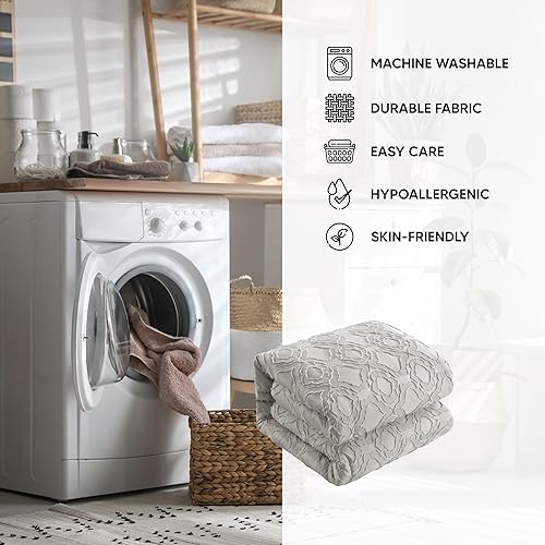 Miniatura 4 de Chic Home Jane - Juego de edredón de 5 piezas con clip, diseño geométrico de cuadrifolio jacquard, fundas de almohada decorativas incluidas, King,