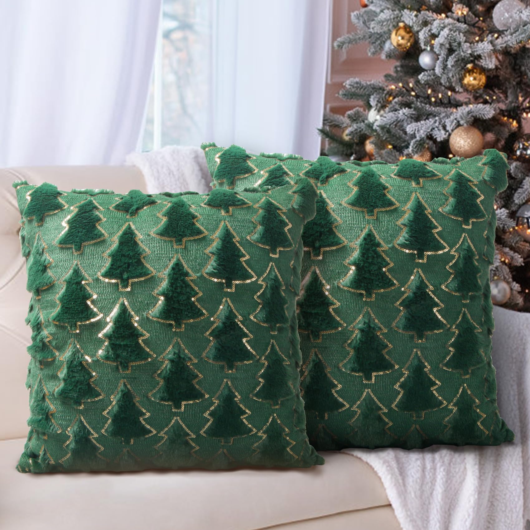 Cuscini Natalizi Kawani, 2 Federe 55x55 Cm Con Alberello Di Natale – Verde E Beige, Morbide E Rinfrescanti Per Il Tuo Divano - 5