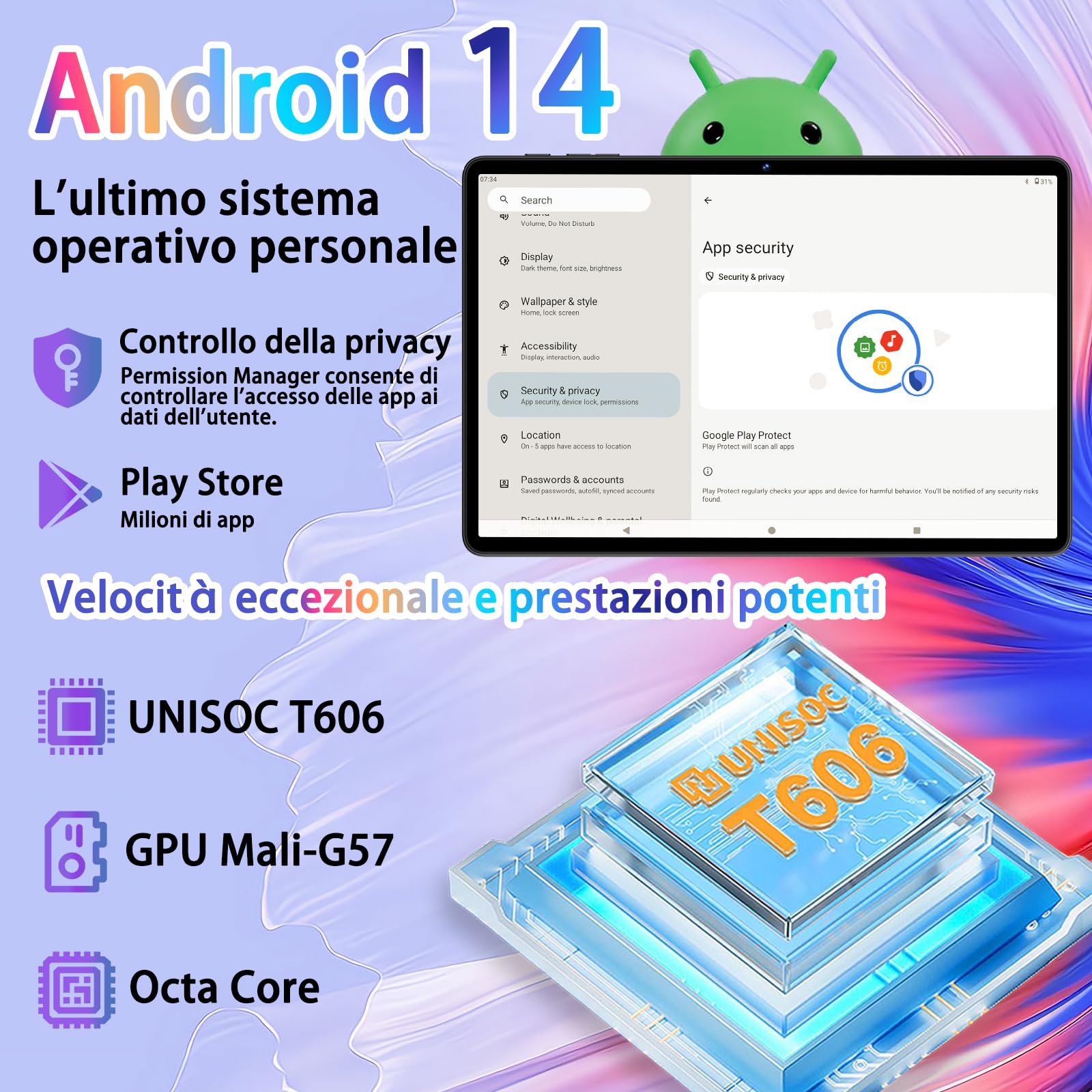Tablet 11 Pollici Android 14 con 24GB RAM +256GB ROM (Espandibile Fino a 1 TB), Face ID, Widevine L1, Octa-Core 2.0 GHz, 5G Wi-Fi, GPS, 8000mAh, HD 1280 x 800 Incell IPS, Tablet con Custodia, Grigio