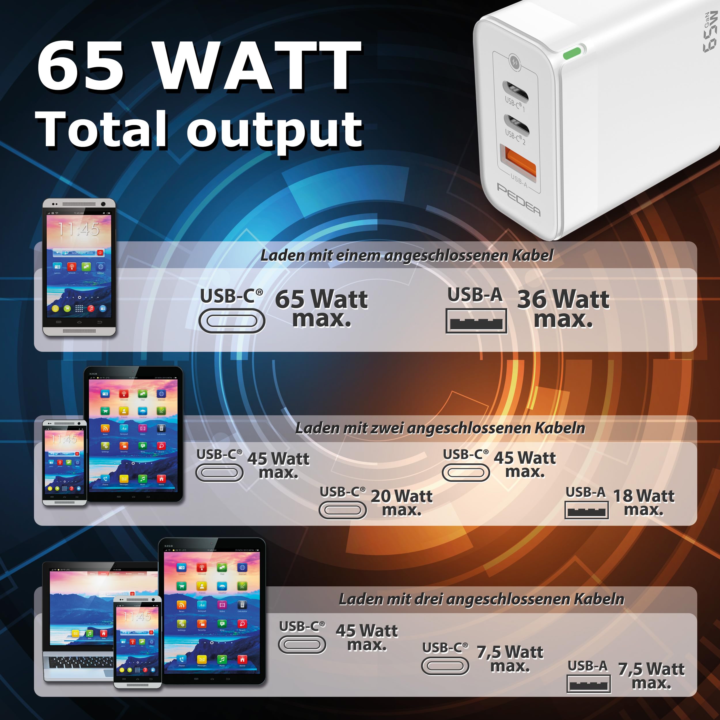 Pedea 65W USB-C (PD) Schnellladegerät - 3-Ports GaN Mehrfach Handy-Ladegerät mit USB-C und USB-A, weiß