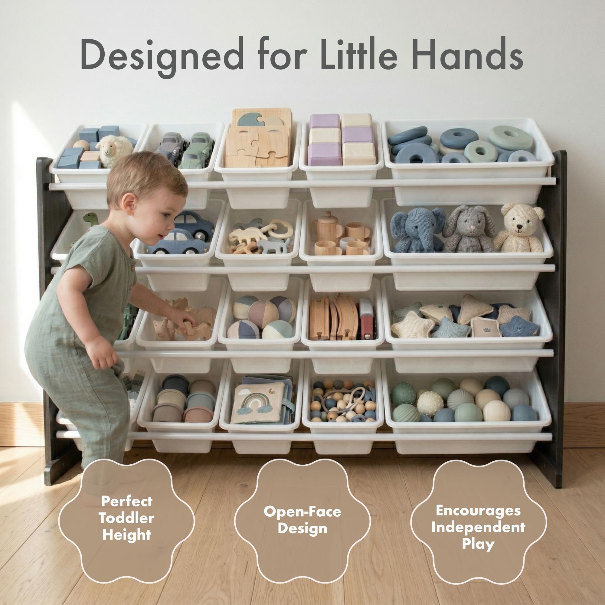 Humble Crew estantería infantil marrón espresso/blanco: 20 cajas almacenamiento, organiza juguetes, diseño sofisticado, segura, montaje rápido, ideal niños