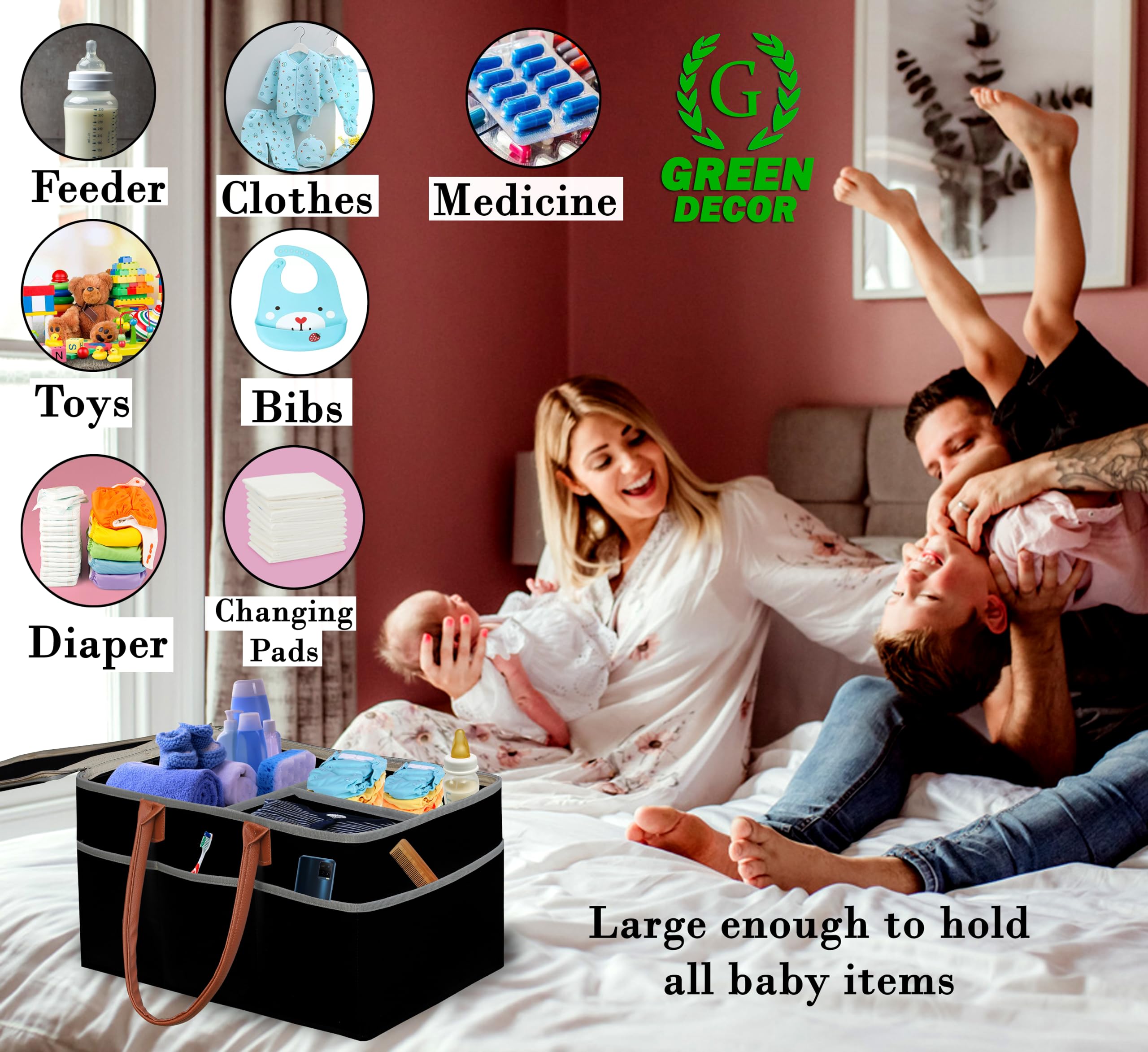 GREEN DECOR -400 GSM Non Woven Fabric Cute Diaper Caddy Bag with Handles & Zip Lock for Smart Mothers Baby Diaper Caddy Wipes Felt Storage Organizers,Foldable and Portable(Black - 18X12X9 Inch) - Image 6 thumbnail
