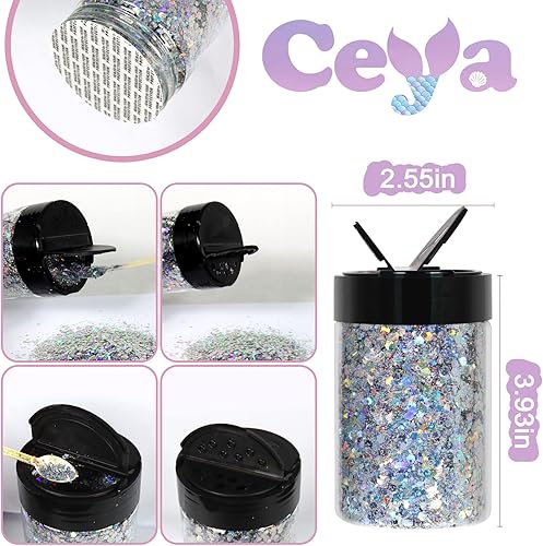 Miniatura 4 de Ceya Purpurina gruesa holográfica, 4.9 onzas4.94 oz de diamante plateado con purpurina en polvo mezclado con copos finos iridiscentes para arte de