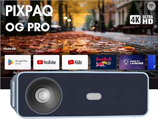 PIXPAQ OG Pro Extreme Bright 1400 ANSI Lumen, 14500 Lumens, Native 1080P Fully Automatic, Android TV Projector for Home, 300″ Screen | 4K at 60 Hz…