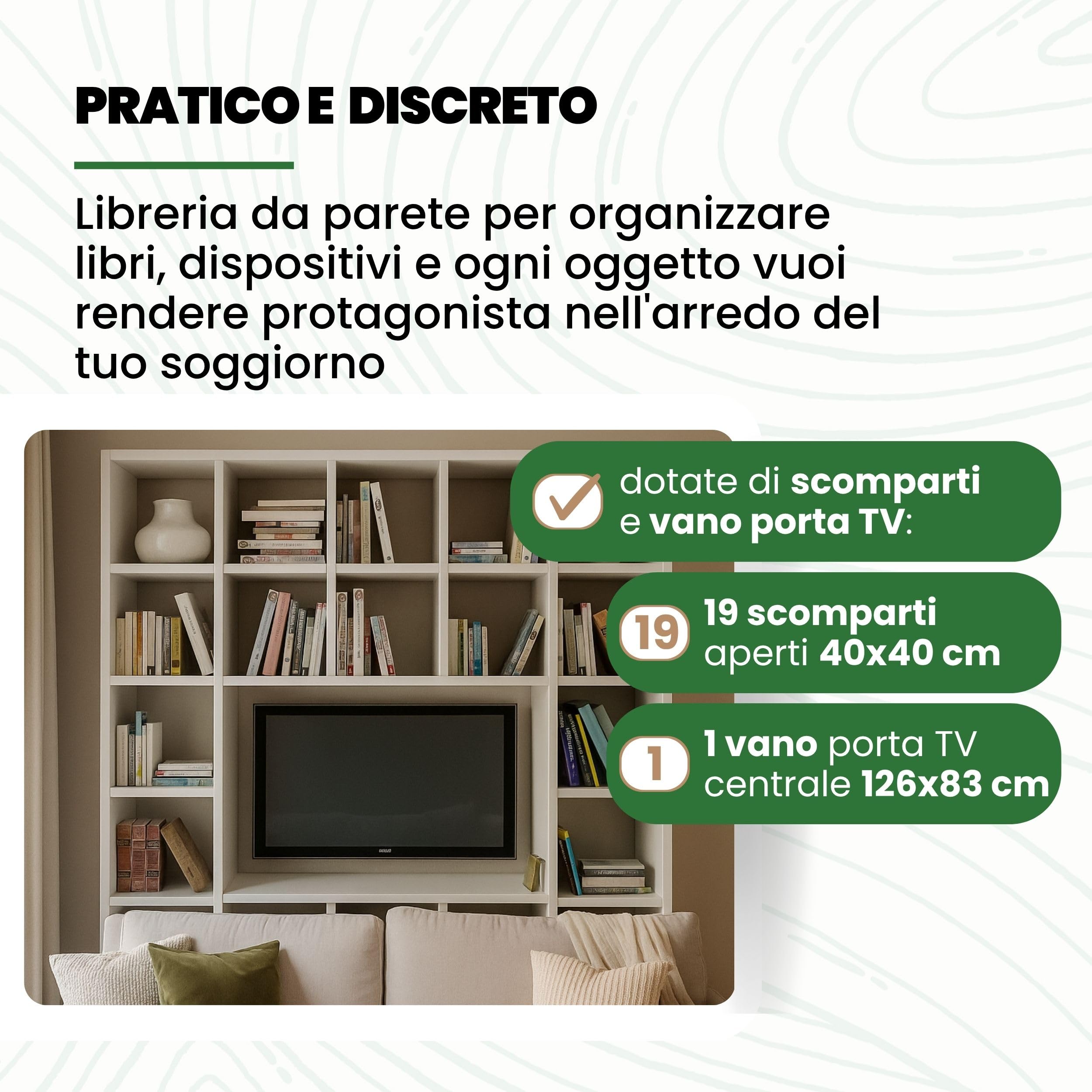 Mar.c.a. Design - Libreria con Porta TV in Legno LPH 218x218x30 cm - Mobile Libreria Da Parete con 19 Scomparti - Vano TV 126x83 cm - Cubi Interni 40x40 cm - Made in Italy