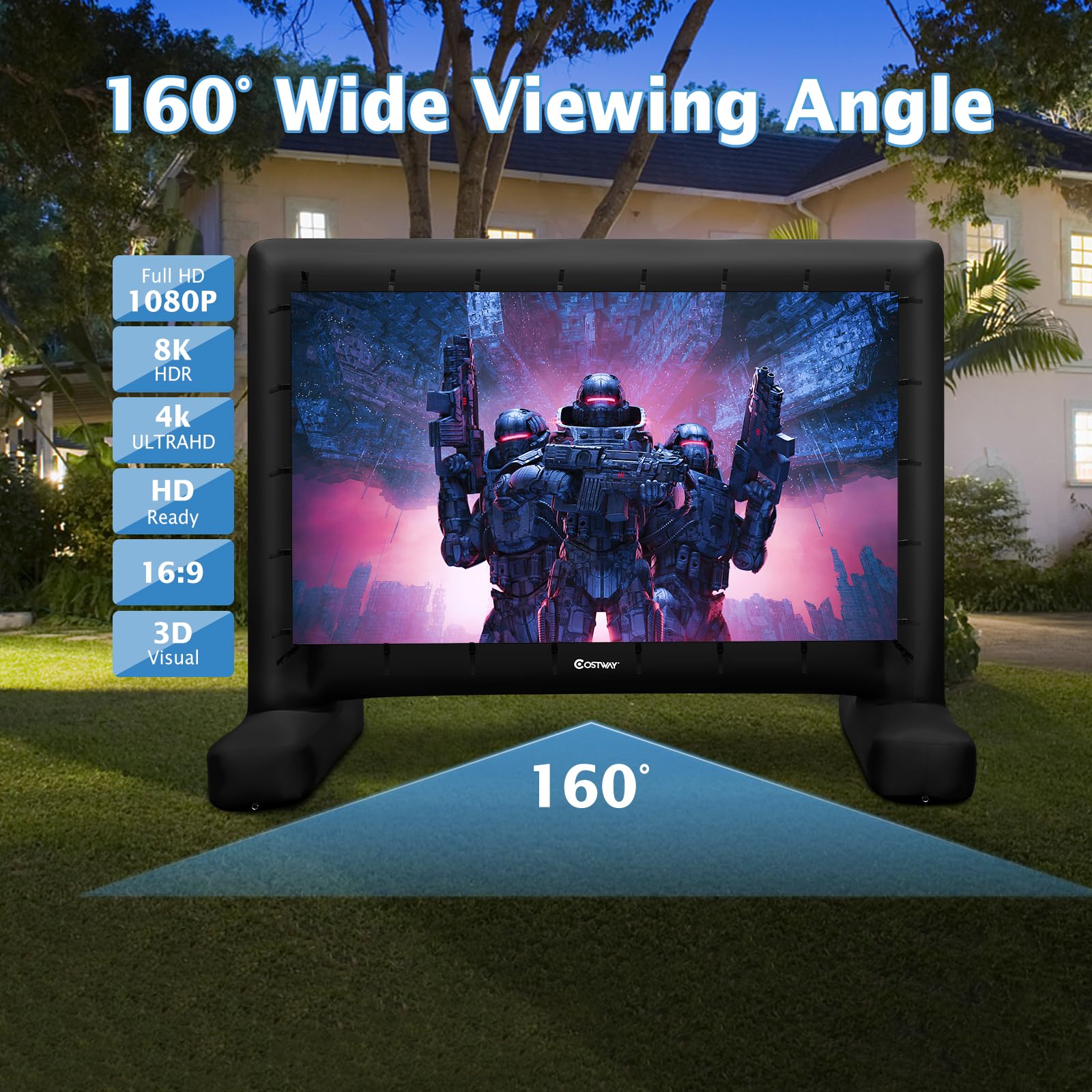 GOPLUS Ecran Gonflable Exterieur 4/4,5/5 m, Écran Geant Gonflable Videoprojecteur Projection Cinema avec Ventilateur, Sac Rangement, Piquets Sol, Installation Facile, Double Face (317 x 179 cm)