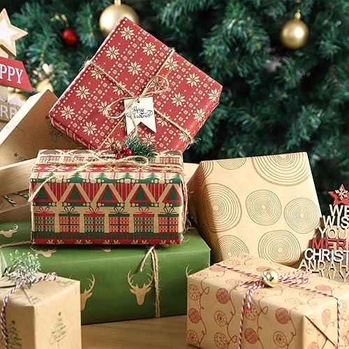 Miniatura 3 de RUSPEPA Papel de regalo de Navidad, papel kraft marrón con patrón rojo y verde para colección de elementos navideños, 6 rollos de 30 pulgadas x 10