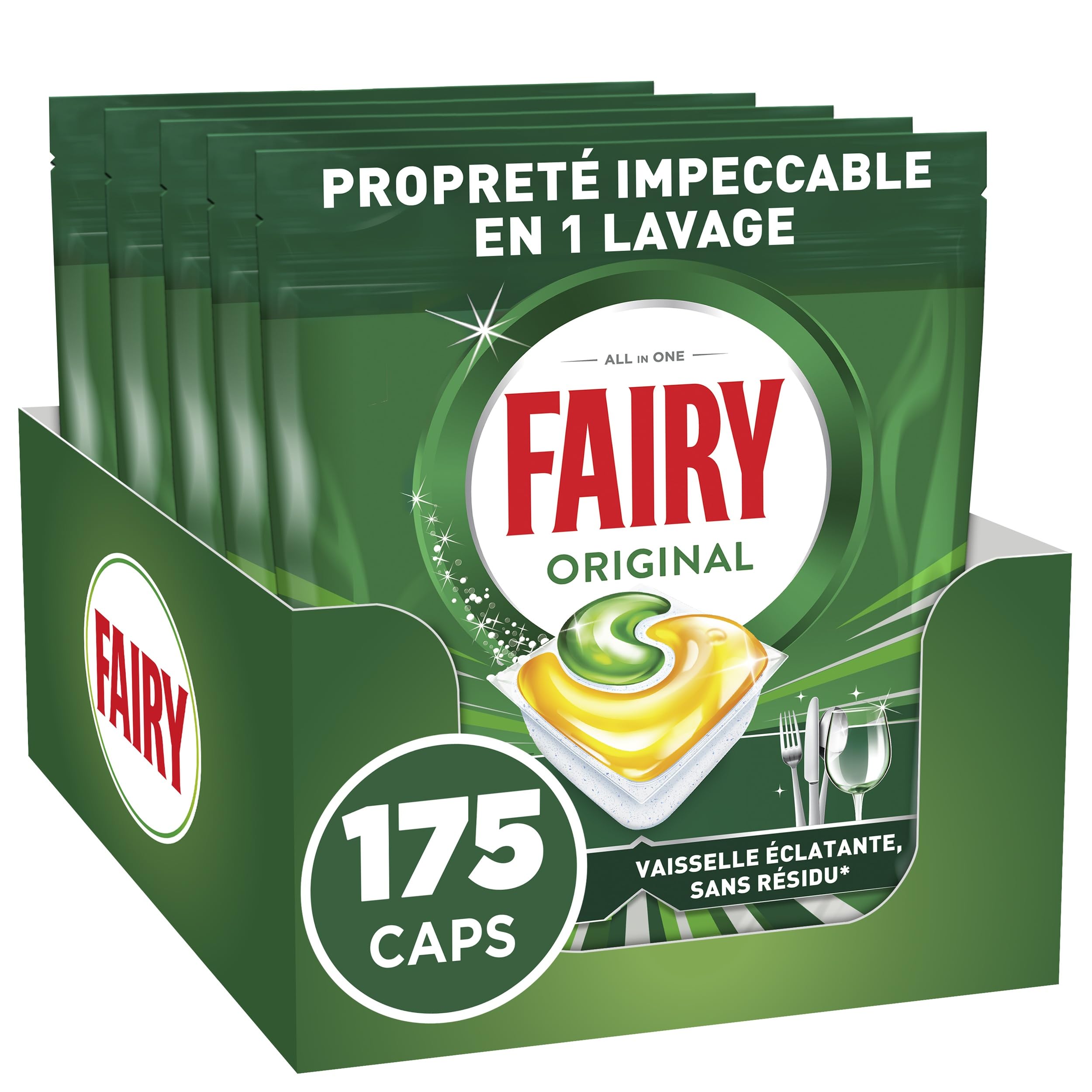 Fairy Original Tout-en-1 Tablettes Lave-Vaisselle Parfum Citron x175 | (35x5). Efficaces contre la graisse incrustée. Dissolution ultra-rapide. Sans Odeur ni Résidus