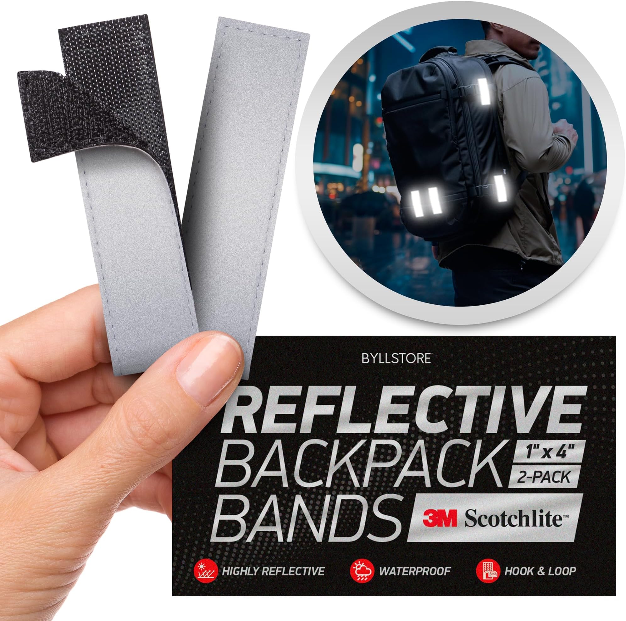 Reflective Backpack Bands | 3M Scotchlite Reflectors | Hook-and-Loop Closure | 1x4 & 1.5x5 in | 2-Pack (Silver)