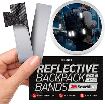 Reflective Backpack Bands | 3M Scotchlite Reflectors | Hook-and-Loop Closure | 1x4 & 1.5x5 in | 2-Pack Silver