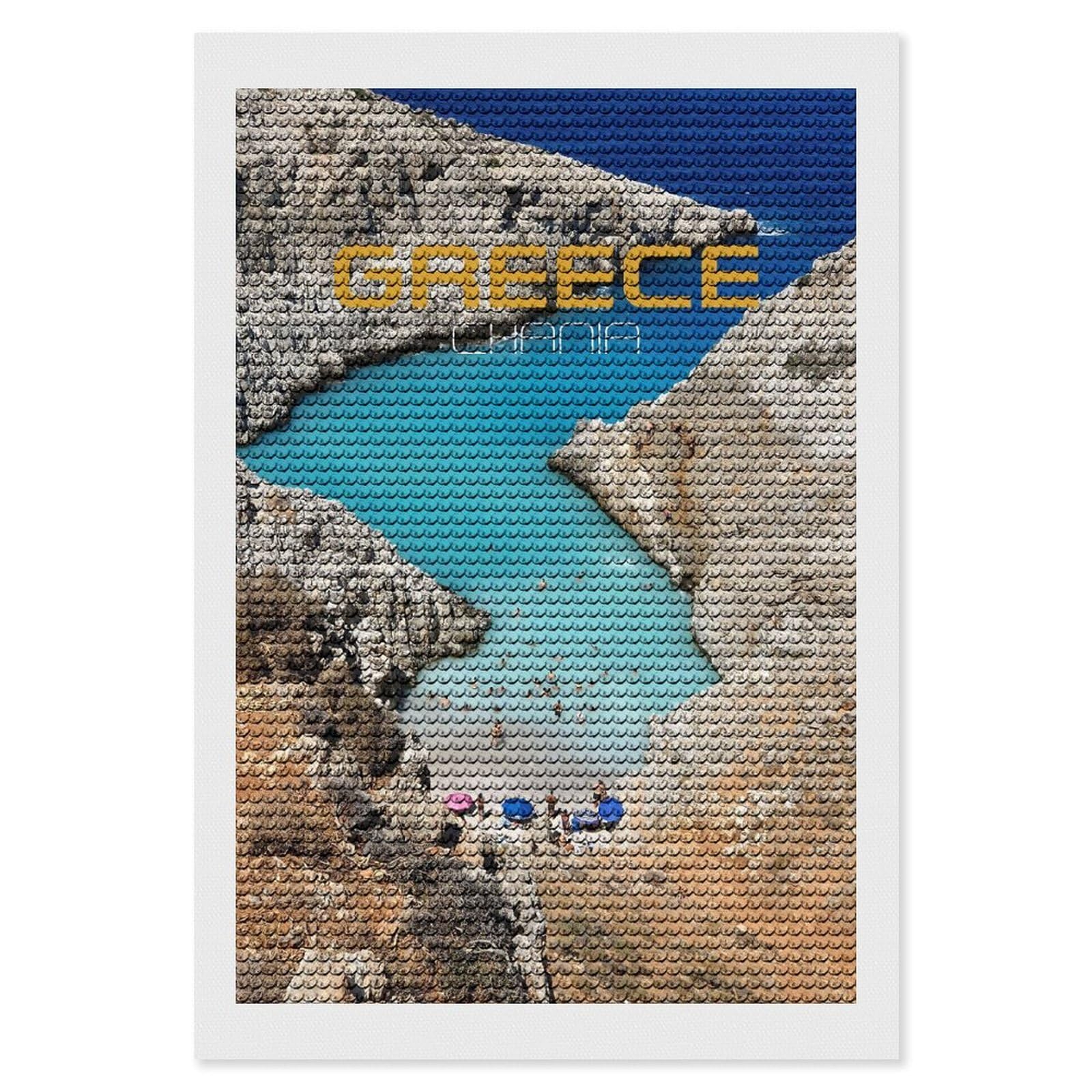 Junmoney Greece Chania Beach Diamond Painting Canvas Kit 8"x12", Adhesive Canvas, Christmas Gift, Full Kit Included, Thoughtful Present