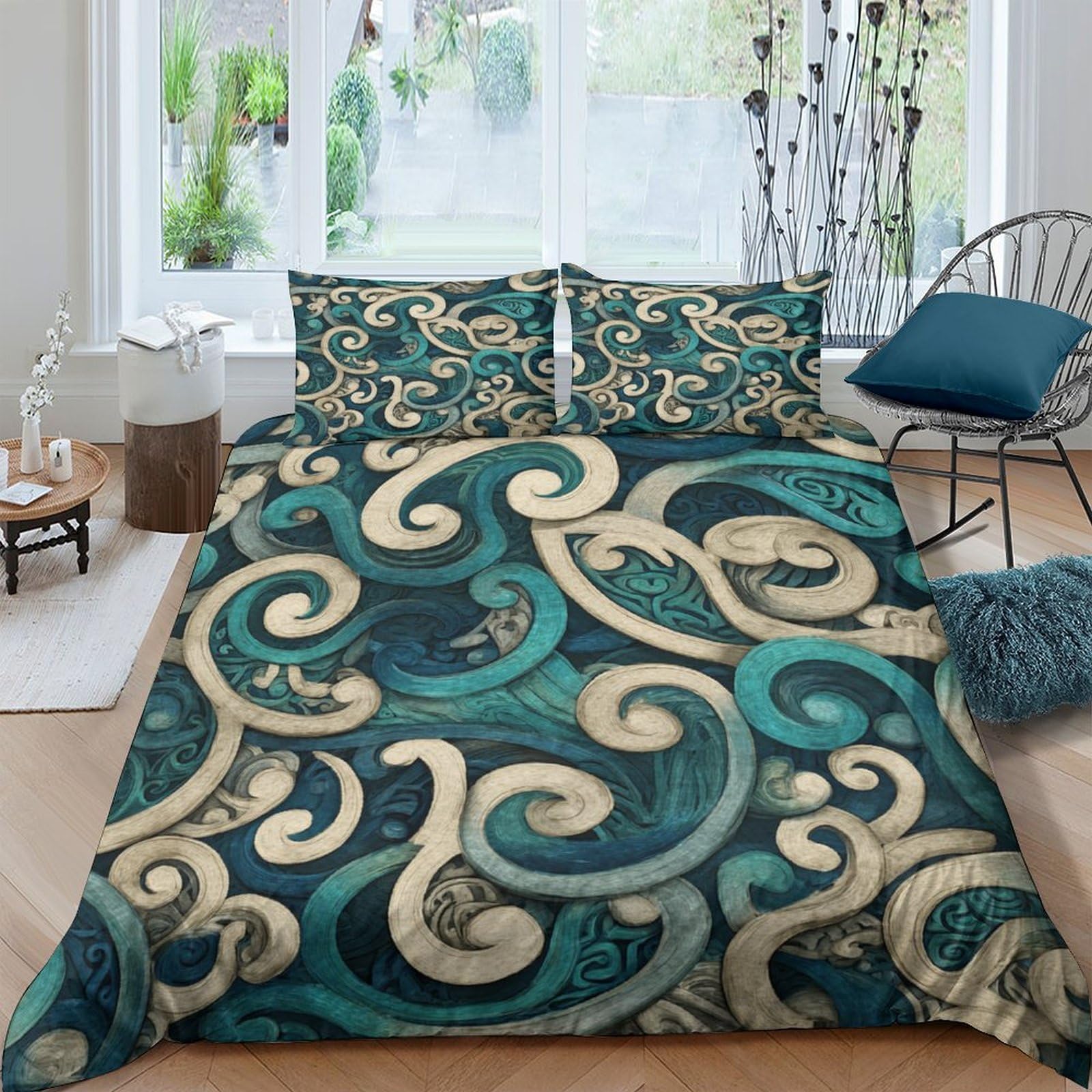 Ctjqhvkz Style-8 3D Printed Teal Gold Swirl Fitted Sheet Microfiber Soft Breathable Abstract Wave Mattress Cover For Bedroom Guest Room Decor Single（135X200cm）