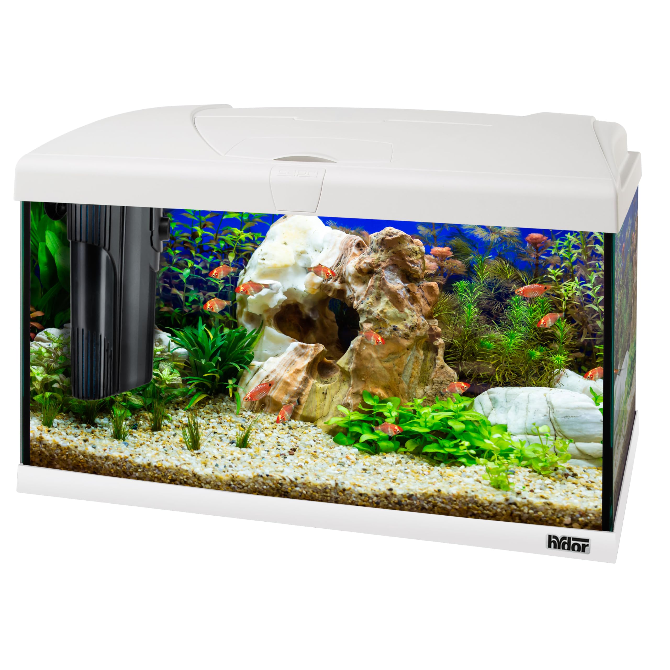 Hydor Acuario 60 litros para Peces Tropicales o de Agua Dulce, Incluye: Lámpara LED, Filtro Interno 2 Etapas para Agua cristalina, Calentador, 60 x 31,5 x h 39,5 cm Blanco