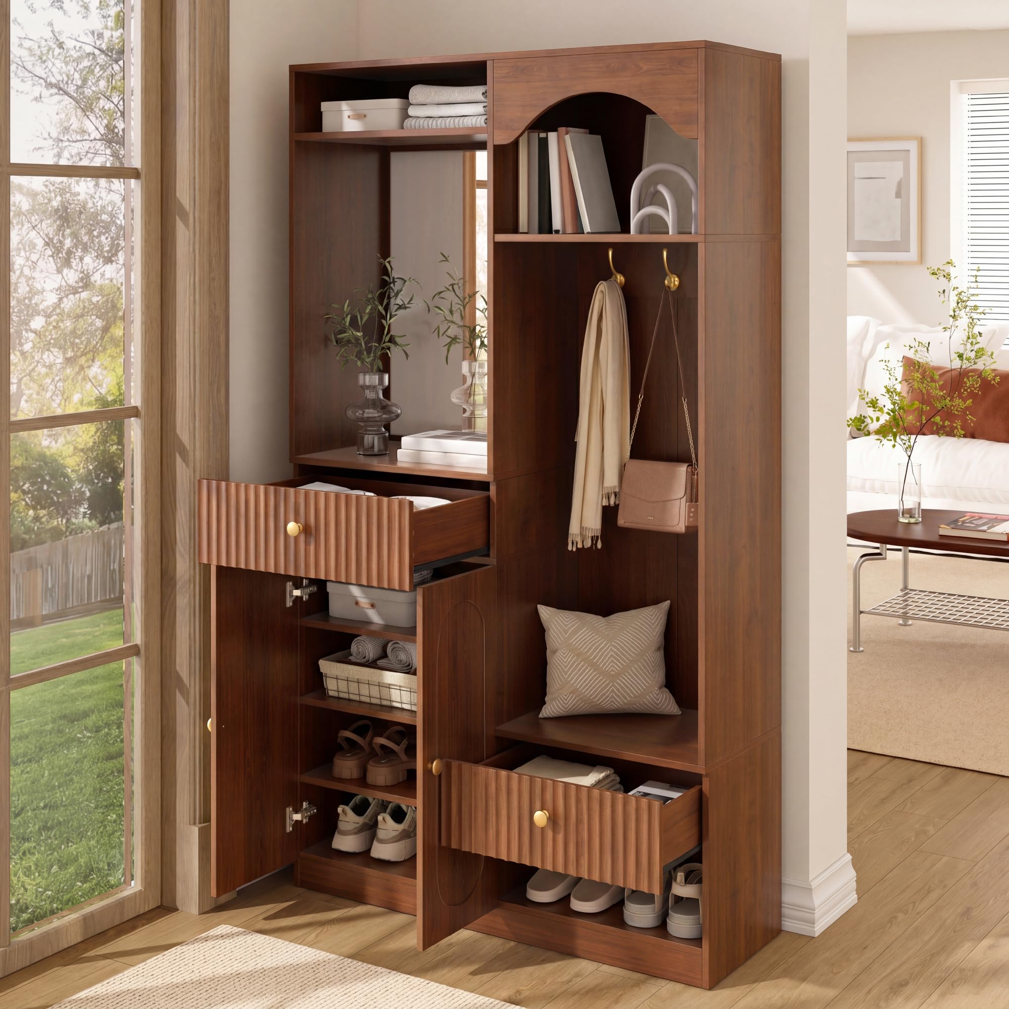 Garderobenset Wandgarderobe mit LED, Flurgarderobe Set mit Schuhschrank und Spiegel, Garderoben Set mit Türen und Kleiderhaken, Flurmöbel Set Kompaktgarderobe mit Regal, 100x35x180cm (Walnut)
