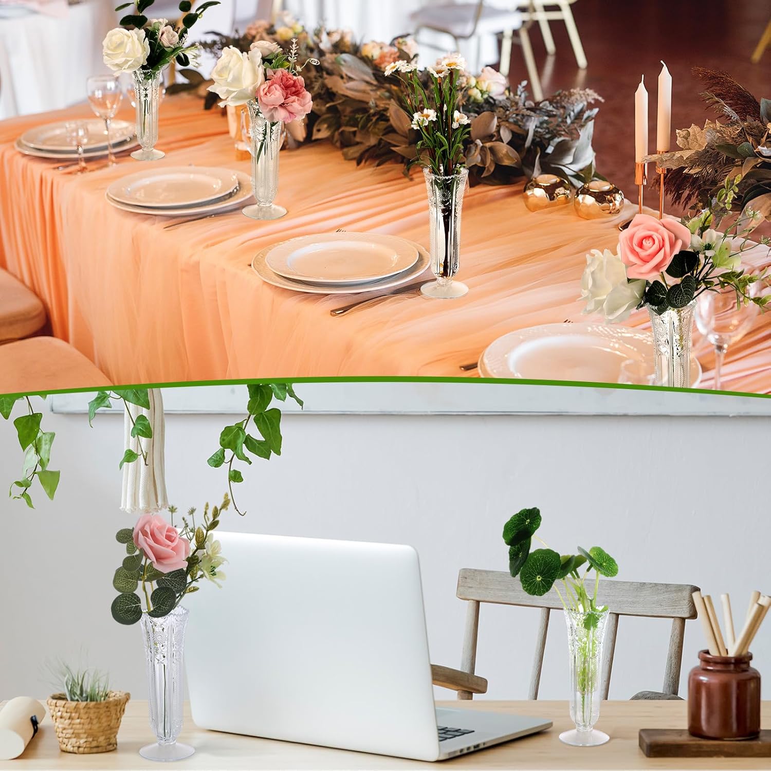 Zhehao 48 Pcs 6 Inch Plastic Flower Vases Bulk for Flowers, Plastic Bud Vase for Centerpieces Clear Small Container Wedding Break Resistant Table Decorations Vintage Look Home Table Decor Party Supply - Image 6