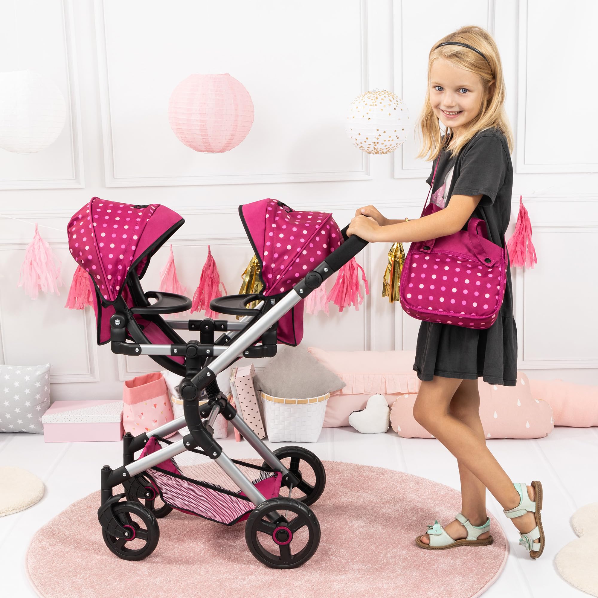 Bayer Design Landau Jumeaux Pour Poupée - Poussette Réglable Pliable, Capote, Panier, Compatible Siège Auto