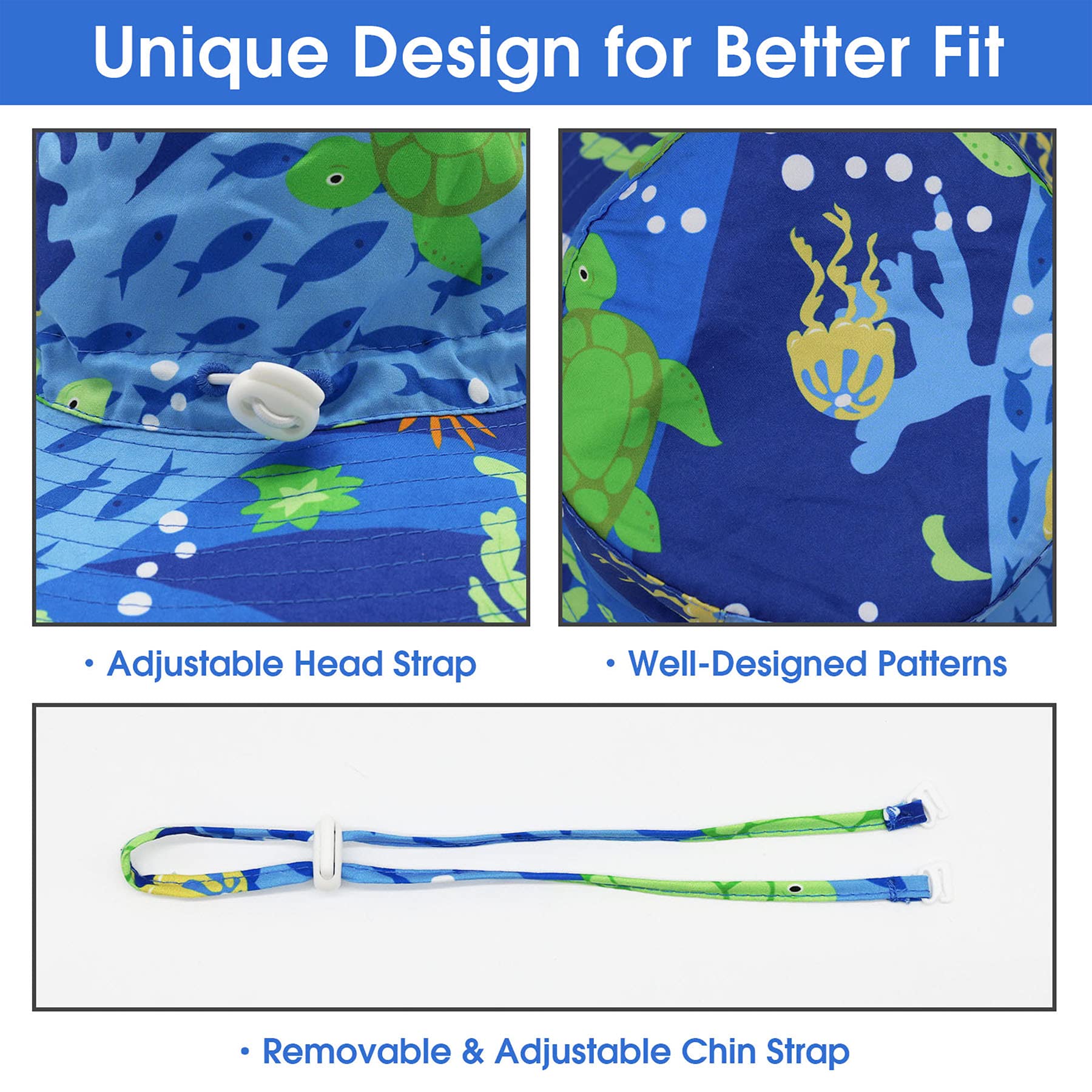 Sombrero de sol para bebé, sombrero de bebé, sombrero de niño pequeño, sombrero de pescador UPF 50+ para bebés y niñas, sombrero de playa con ala ancha para niños, Sea World, 6-12 meses