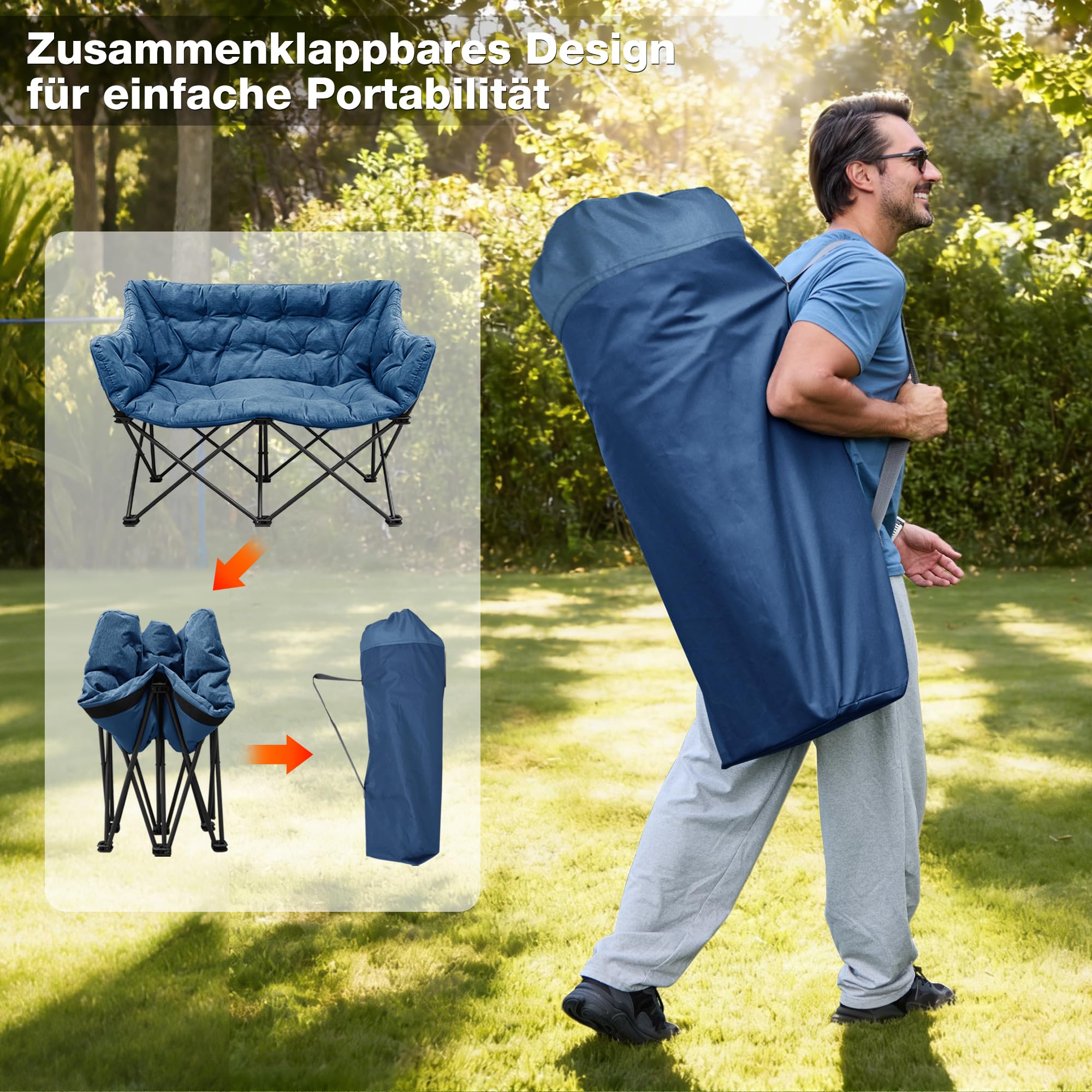 Chaise de camping double pliable, canapé de camping pour 2 personnes, taille XXL | Canapé de camping rembourré, banc de camping pliable, avec 2 places, jusqu'à 320 kg, pour extérieur, jardin, balcon, bleu