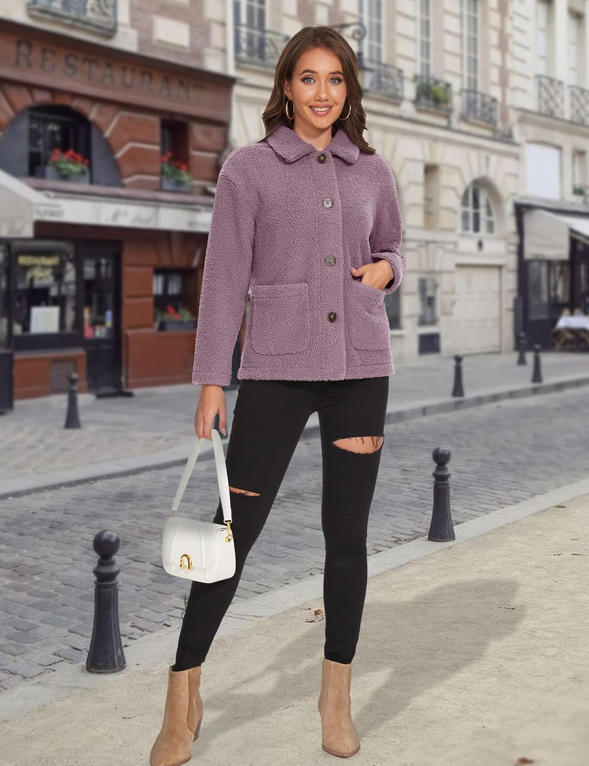 MAGCOMSEN Womens Sherpa Fleece Jackets Fuzzy Warm Winter Jackets Button Down Coat Long Sleeve Outwear with Pockets - Image 5