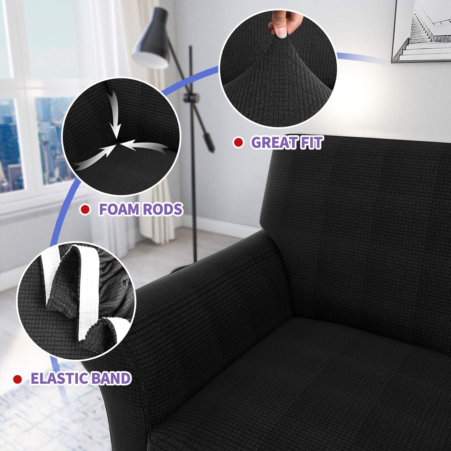 ZNSAYOTX 2 Piece Chair Covers for Living Room with Arms Anti Slip Stretch Arm Chair Slipcovers Sofa Armchair Slipcover Machine Washable Furniture Protector (Black, Chair) …
