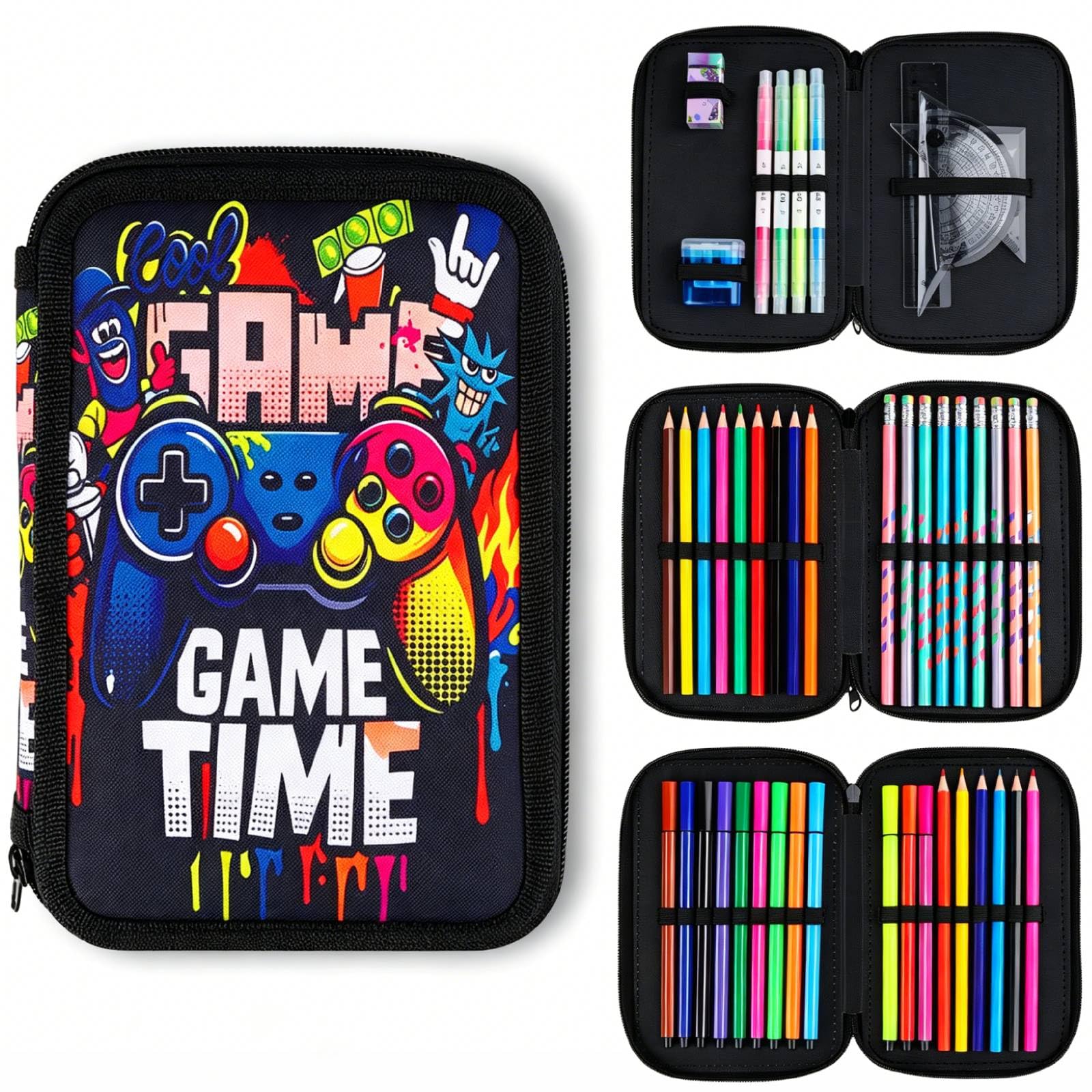 45 Stück Federmäppchen,Federmäppchen 3 Fächer,Federmappe Jungen Set,Game Controller Graffiti Design,Buntstifte,Filzstifte, Lineal,Radiergummi,Spitzer,Perfekt für Schule,Büro & Kinder