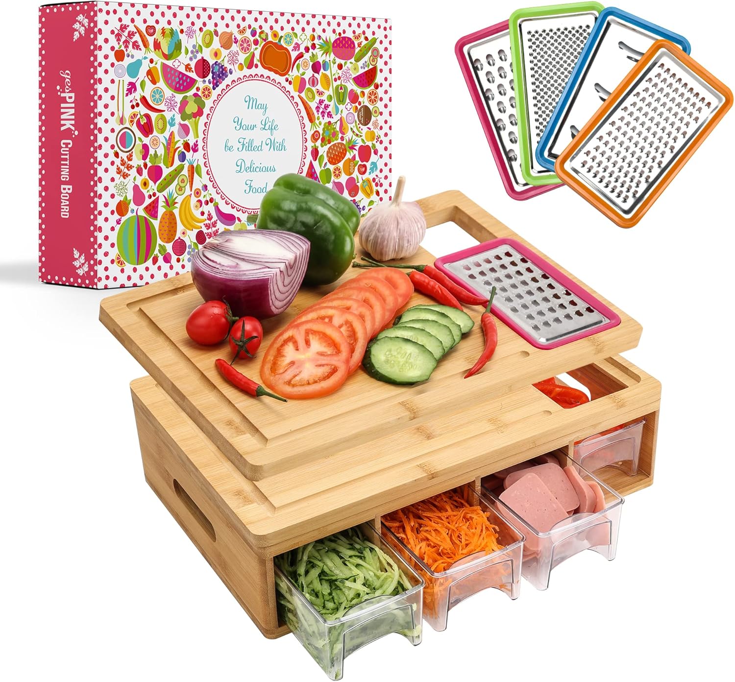 gesPINK Bamboo Cutting Board with Containers, Removable