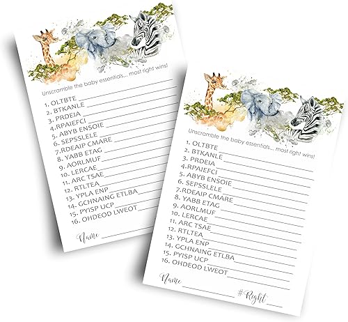 Paper Clever Party Juegos de baby shower de selva, desafío de palabras neutrales de género, actividades divertidas para invitados con premios, tema