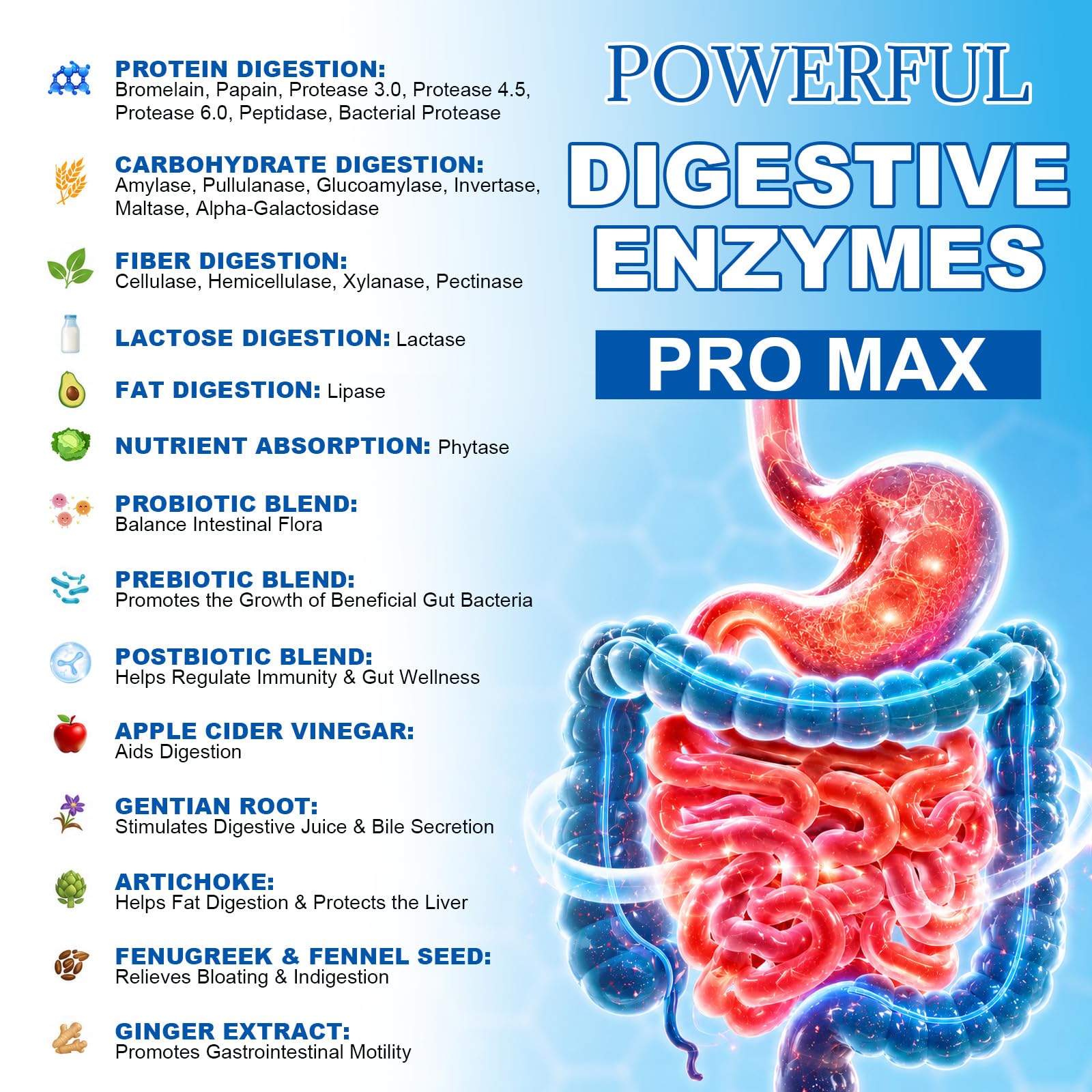 25-in-1 Digestive Enzymes Pro Max w/ 20 Enzymes 1000mg Probiotic Prebiotic Postbiotic Ginger Artichoke Bromelain Papain Lactase Gentian ACV for Indigestion, Debloat, Gut, Motility, Women Men, 120 Caps — Amazon image 8