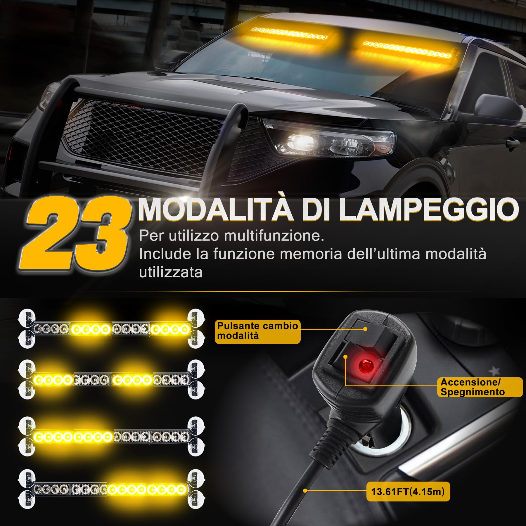 Barra LED Stroboscopica 2x42,6CM 12V/24V Luce Emergenza 2 in 1 32 LED 23 Modalità Flash Ambra IP66 Camion Veicolo Cantiere Sicurezza Stradale