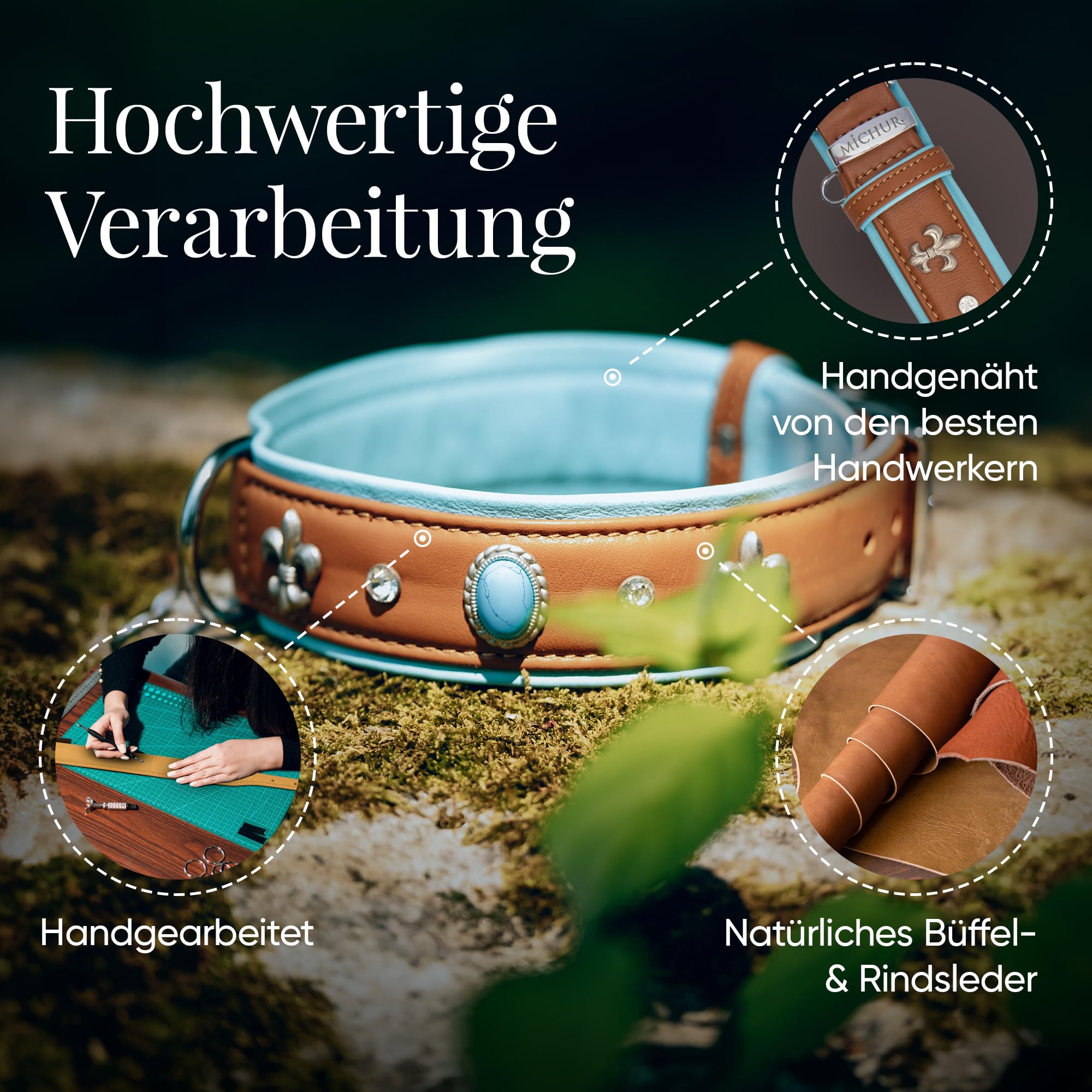 MICHUR Nizza Lagune Hundehalsband Leder, Lederhalsband Hund, Halsband, Braun Blau, Leder, mit Lilien,Strasssteinen und großem Kristall, in verschiedenen Größen erhältlich