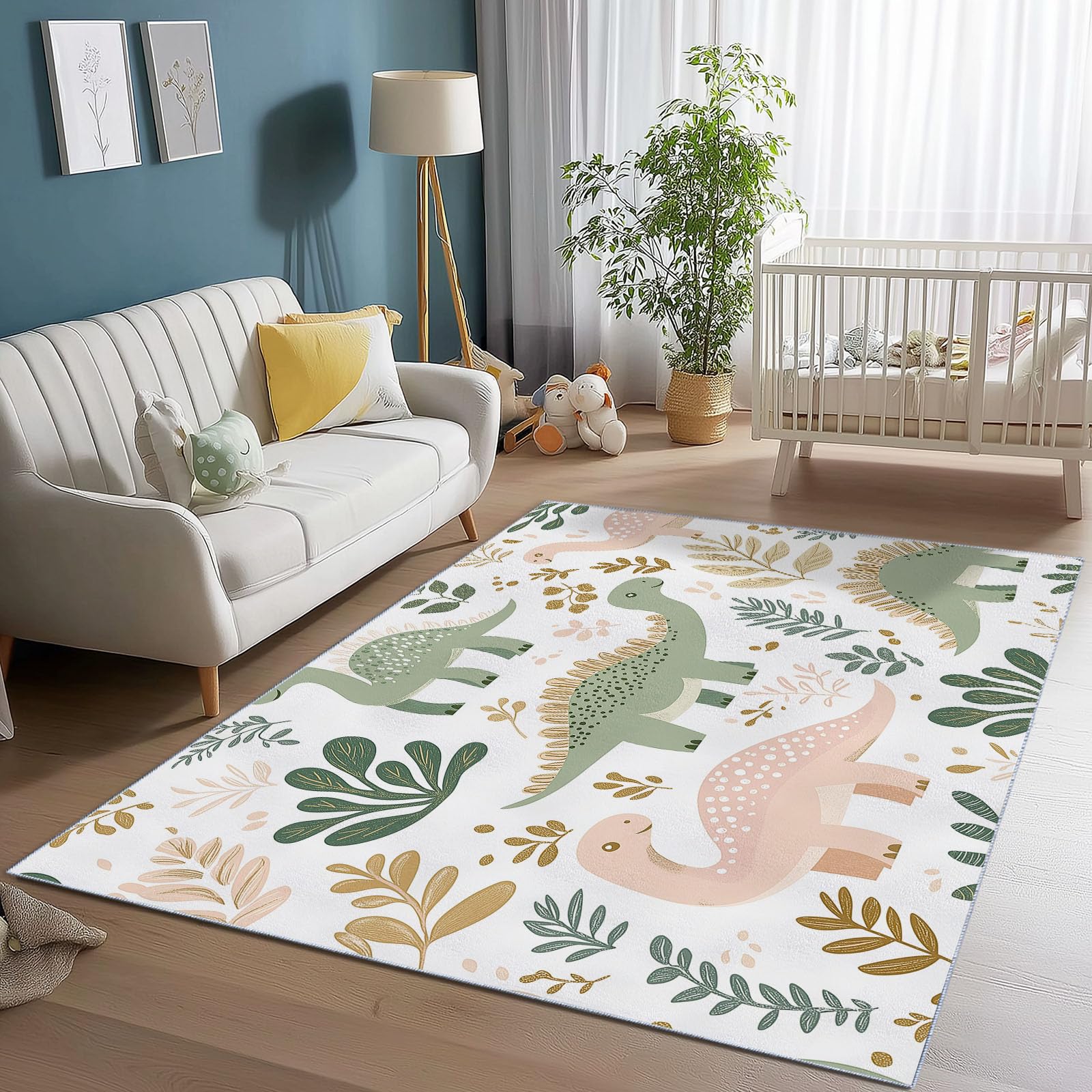 Teppich Bunt Dekor Teppich Kinder Wohnzimmer Teppiche 60 x 120 cm Indoor Bodenmatte Üppiges Laub süß Dinosaurier Kurzfloriger, moderner maschinenwaschbarer Rutschfester Heimteppich