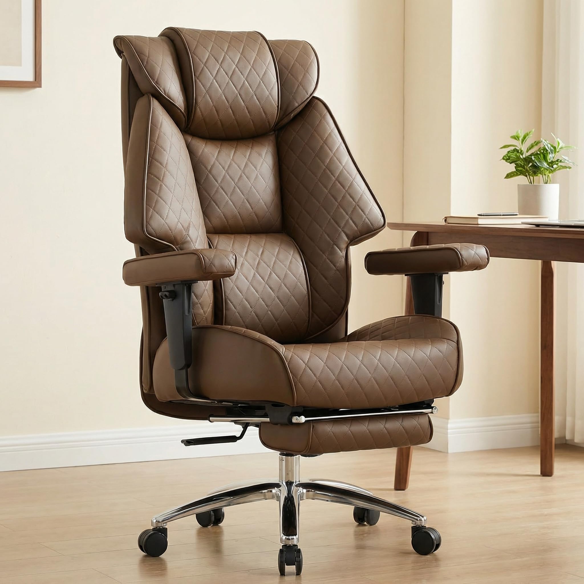 EXCEBET Silla de Oficina Dirección XXL 180kg, Silla de Escritorio Ergonómica con Muelles Ensacados, Asiento Ancho para Sentarse en Cruz, Reclinable 135°, Cuero PU（Marrón）