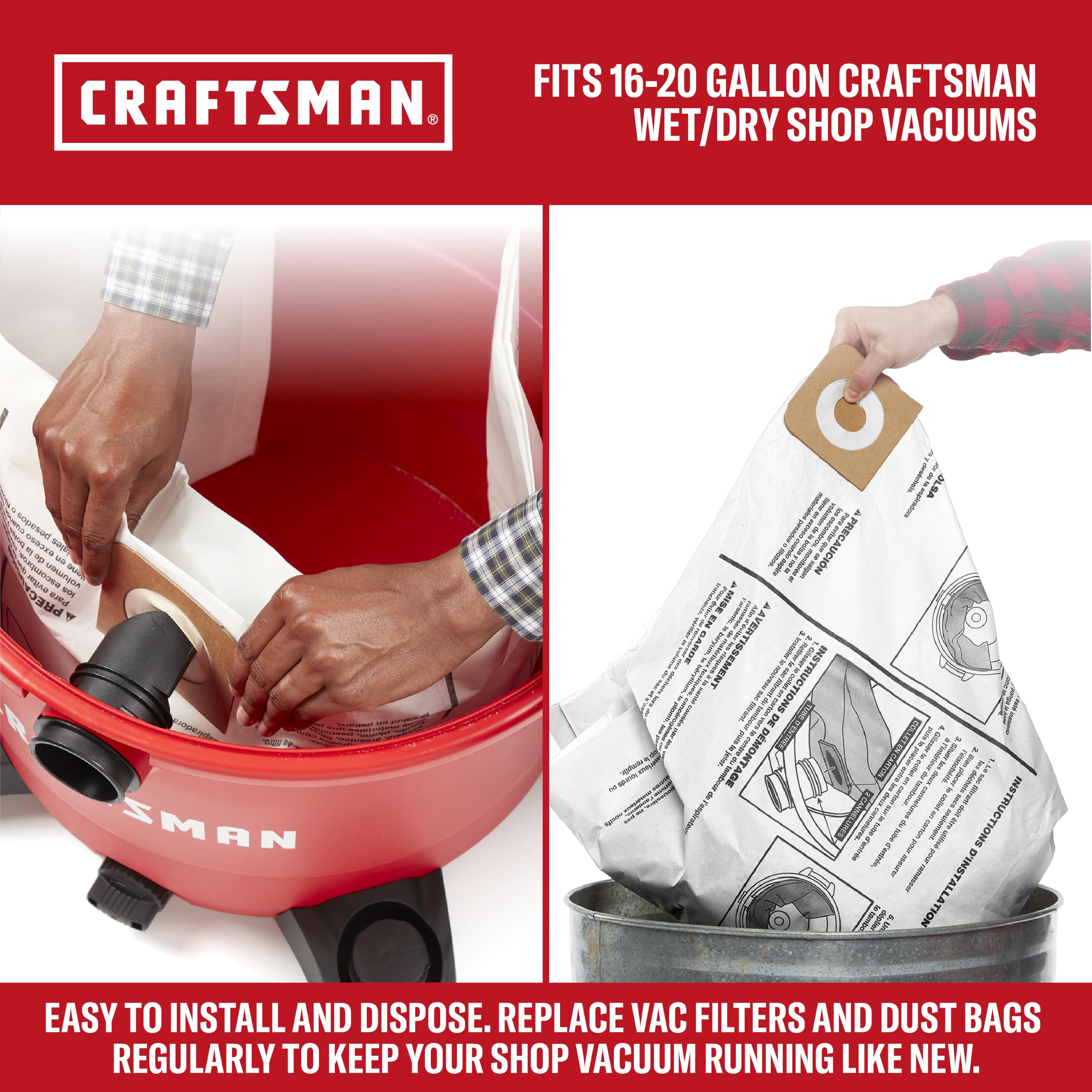 CRAFTSMAN CMXZVBE38750 Bolsas de recogida de polvo fino húmedo/seco para aspiradoras de tienda de 16 y 20 galones, paquete de 2