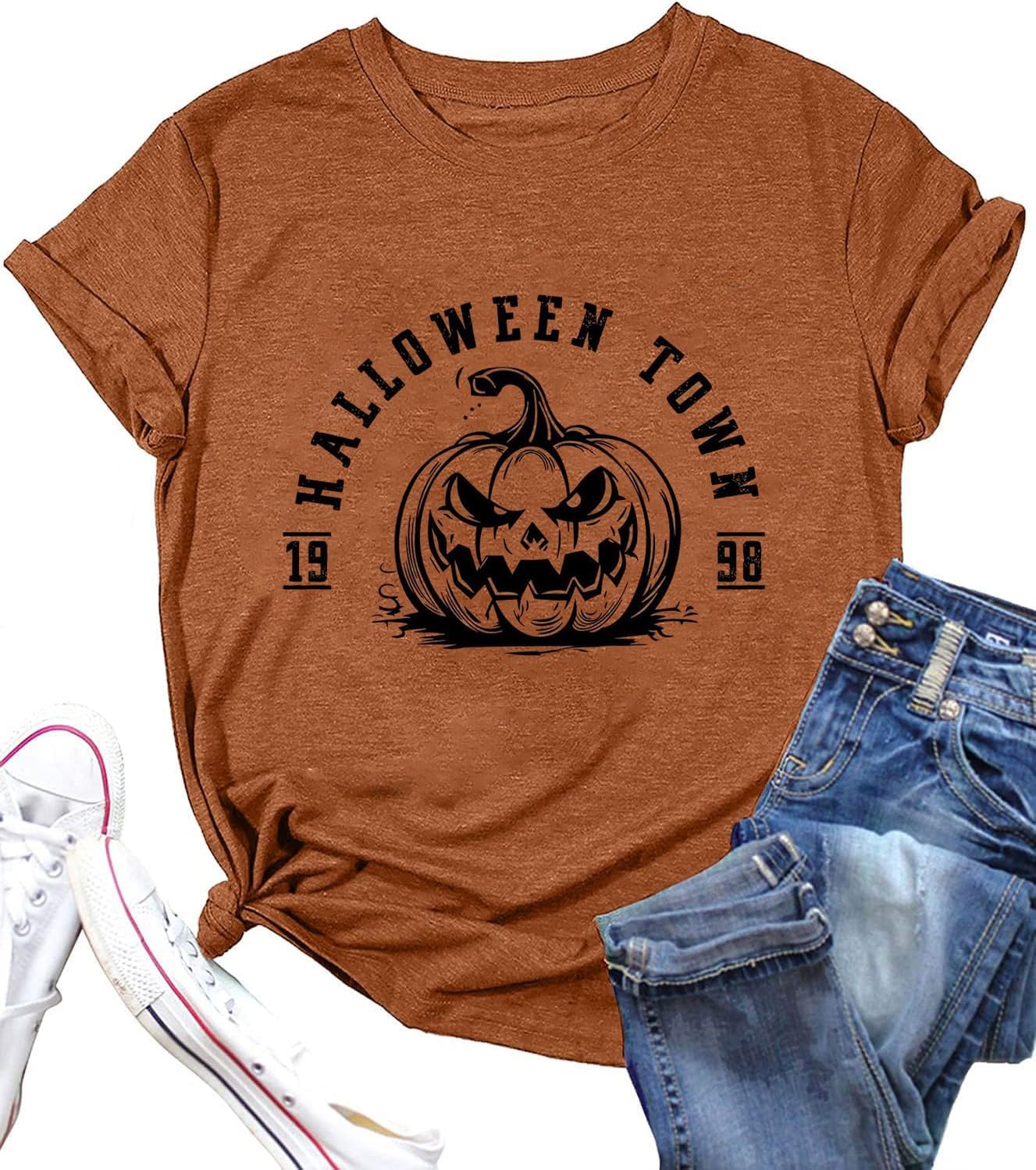 Halloween Shirts for Women Fall Pumpkin Graphic Tees Thanksgiving Short Sleeve Shirt Autumn Holiday Tops