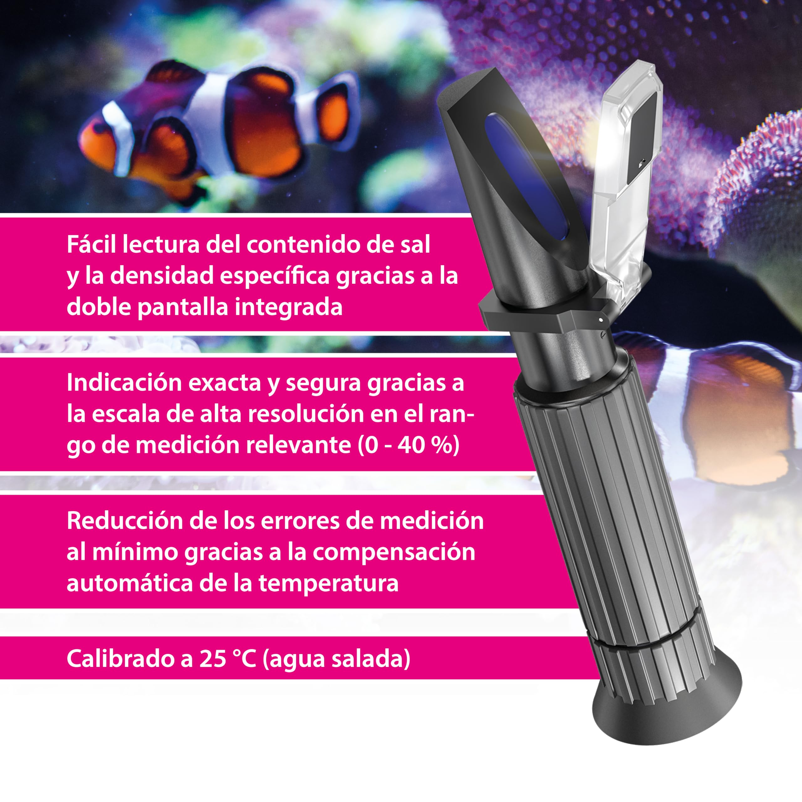 ARKA Refractómetro - Medidor preciso de la salinidad y la Densidad en acuarios de Agua Salada, Incl. Ecualizador de luz y Temperatura LED, indispensable para un Acuario Sano