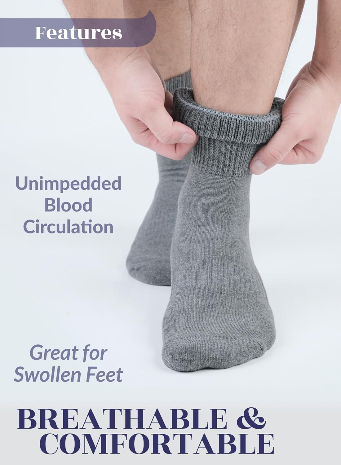 Hugh Ugoli Men's Cotton Diabetic Ankle Socks, Wide, Loose, Stretchy, Seamless Toe, Non Binding Top, Semi Cushion, 3-6 Pairs - Image 5