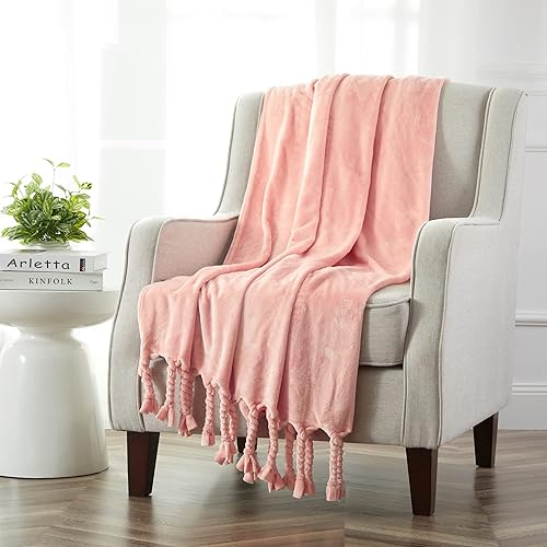 Miniatura 3 de Homiest Manta de forro polar con flecos, suave y acogedora manta de franela rosa claro, manta decorativa ligera para sofá, cama, silla para todas