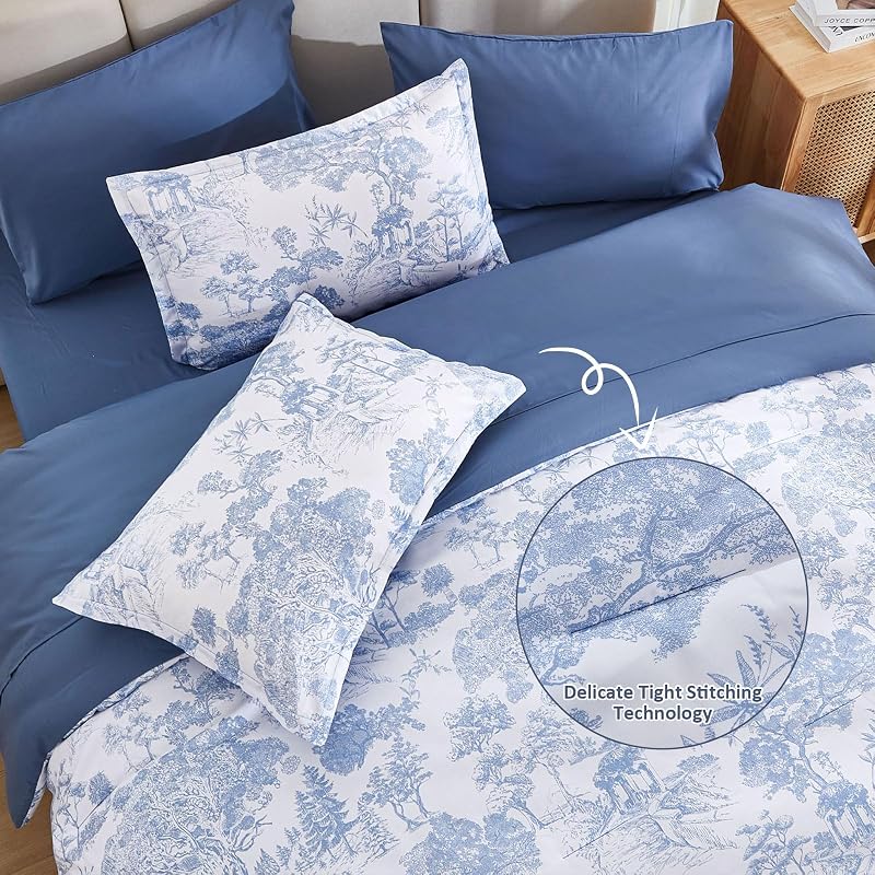 DJY Blue Comforter Set King, 7 Pieces Bed in a Bag King Size Botanical Comforters with Sheets Elegant Plants Print Soft Microfiber Reversible Complete Bedding Sets for All Season image 4