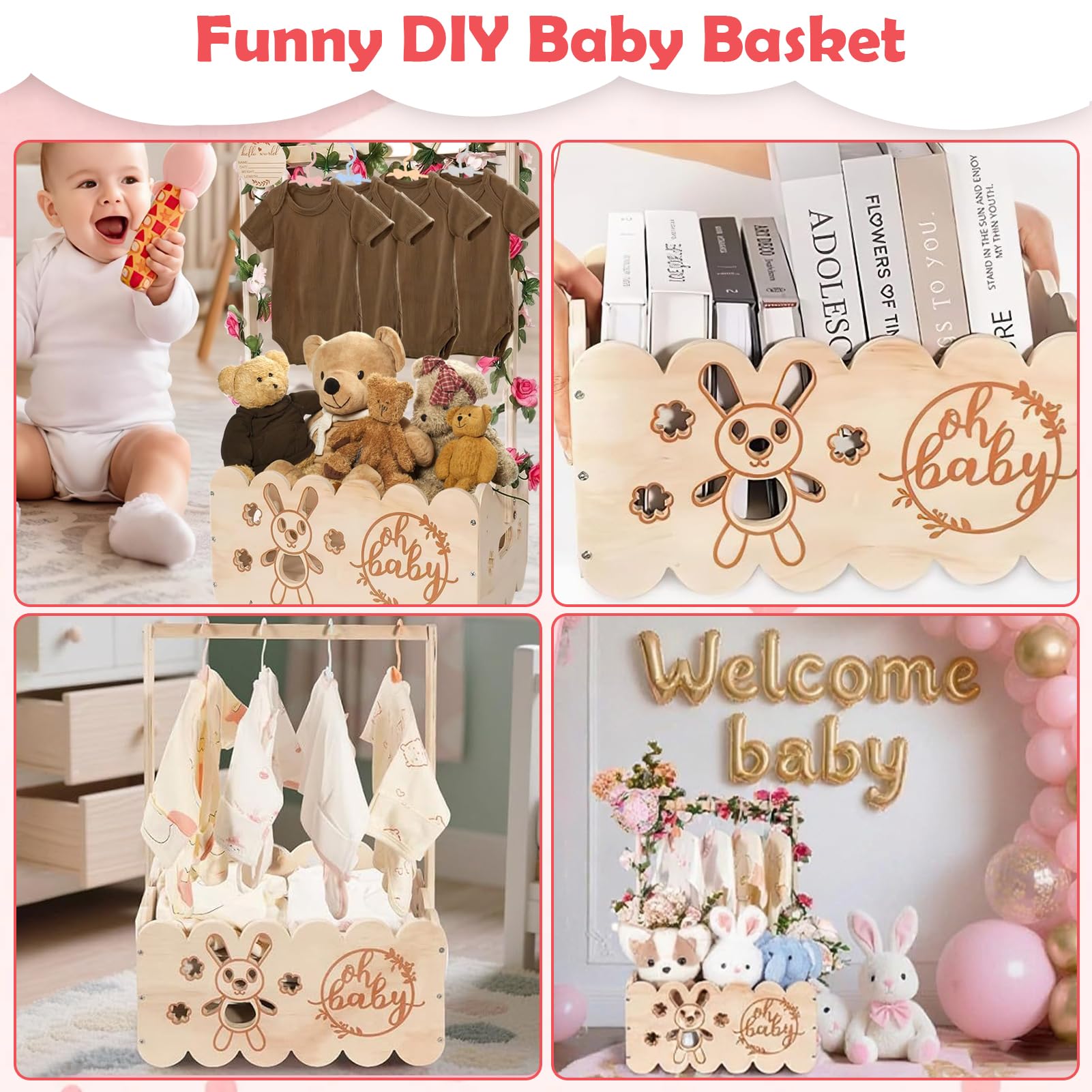 Holz Baby Geschenk Korb mit Griff - Baby Aufbewahrungskorb, Babyparty Schrank mit Namensschilder Holz, Girlanden Kunststoff und 4 Kinder KleiderbüGeln für Neugeborene Babyparty Neue Eltern