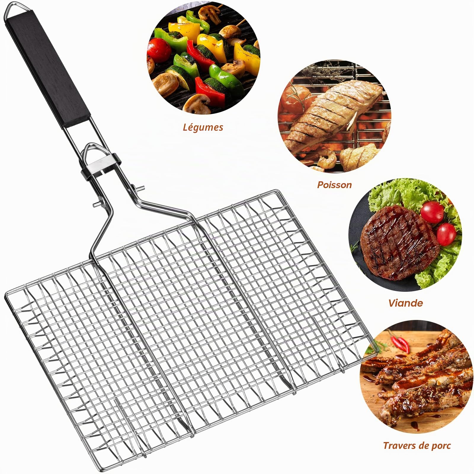 Panier à Rôtir à Poisson, Panier de Barbecue en Acier Inoxydable, Pliable, Portable, Accessoires Inoxydables Panier pour Barbecue, avec Sac Oxford et 2 Brosses en Silicone