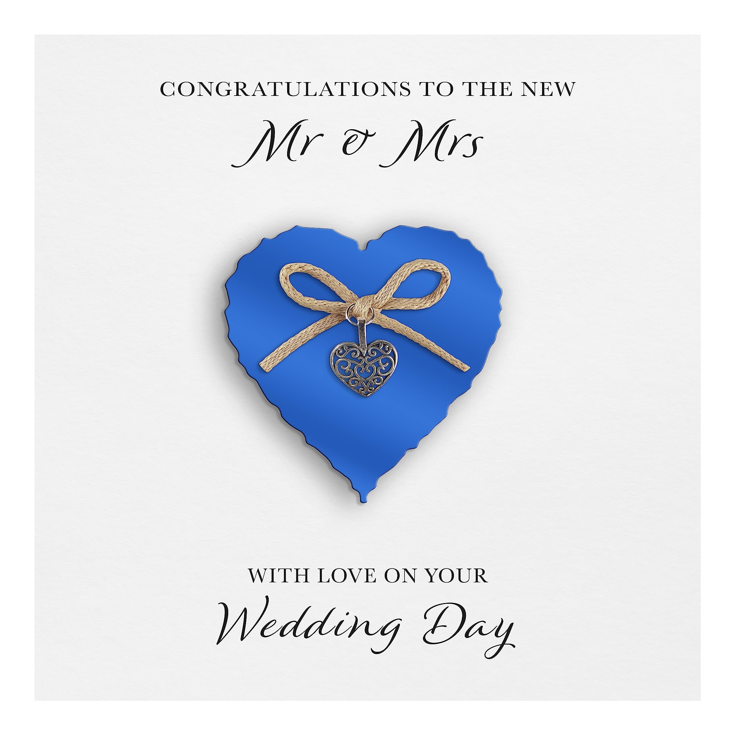 Wedding Day Card "Heart Charm & Bow" - Handmade UK (Sapphire Heart, White Cardstock)
