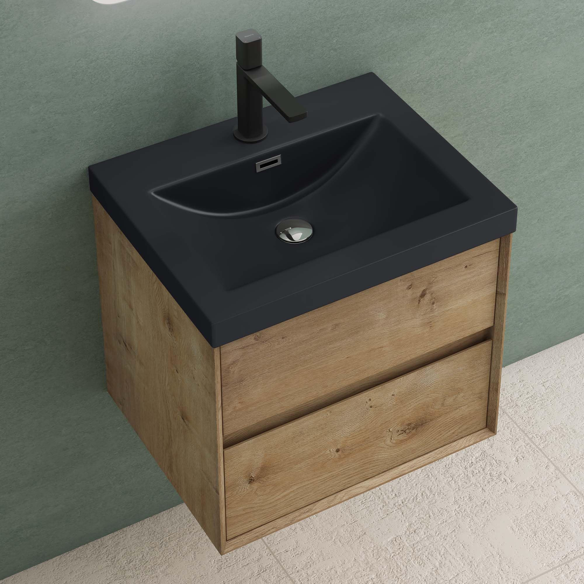 Mai & Mai Badmöbelset Waschbeckenunterschrank inkl. Waschbecken | Badezimmermöbel , 2 Schubladen mit Soft-Close, Anthrazit, aus Mineralguss Kerneiche 60 cm Rimo